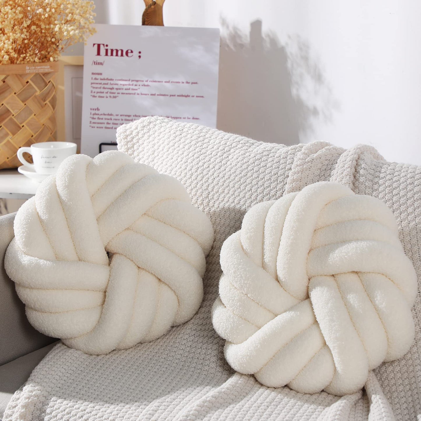 Marsui 2 Pieces Knot Ball Pillows 14 x 14 Inch Decorative Pillow for Couch Bedroom Plush Throw Knot Pillow Soft Handmade Chair Cushion for Living Room Car Decorations(Beige)