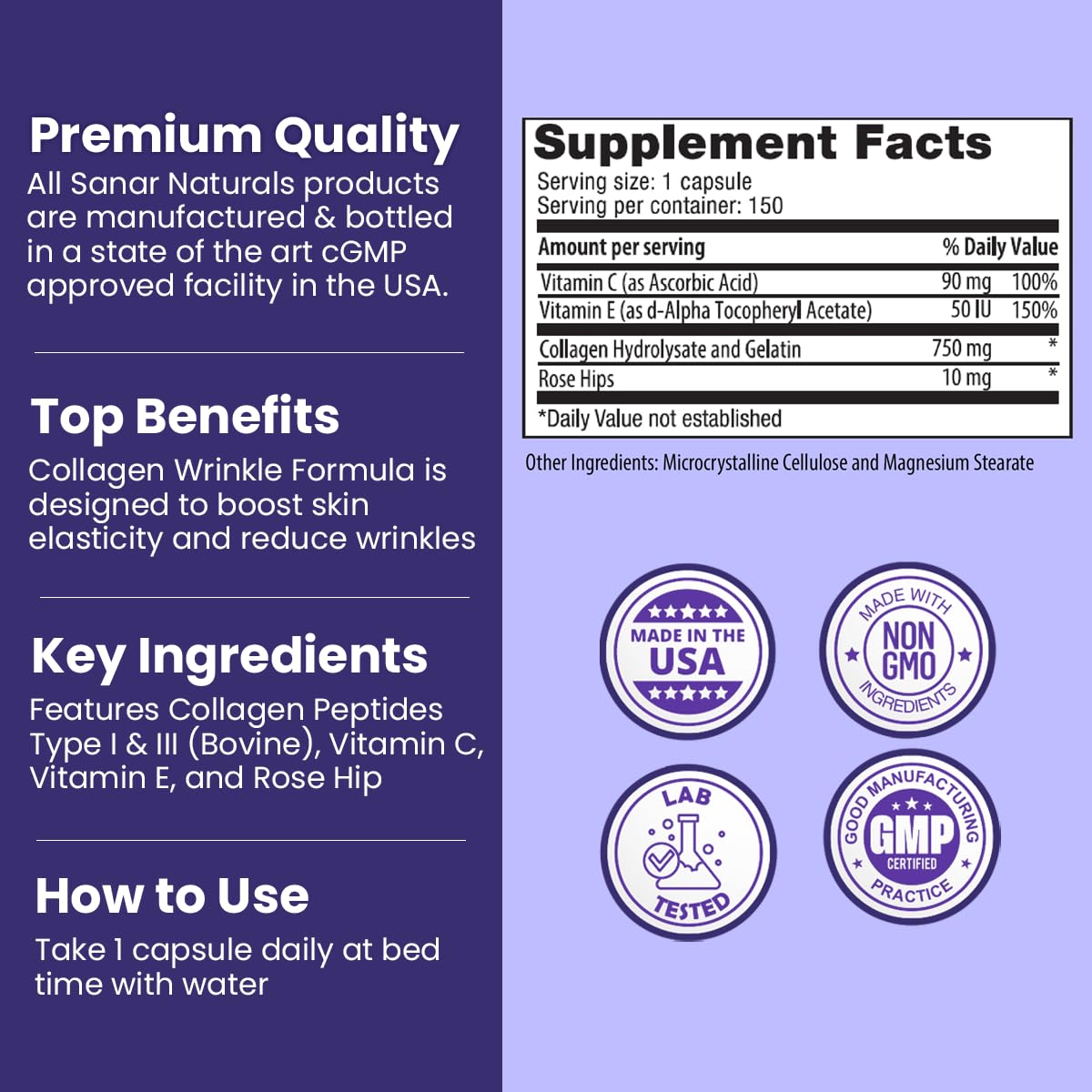 Sanar Naturals Collagen Pills with Vitamin C, E - Reduce Wrinkles, Promotes Hair, Nail, Skin, Joints, and Bone Health - Hydrolyzed Collagen for Women & Men, Collagen Peptides Supplement, 150 Capsules