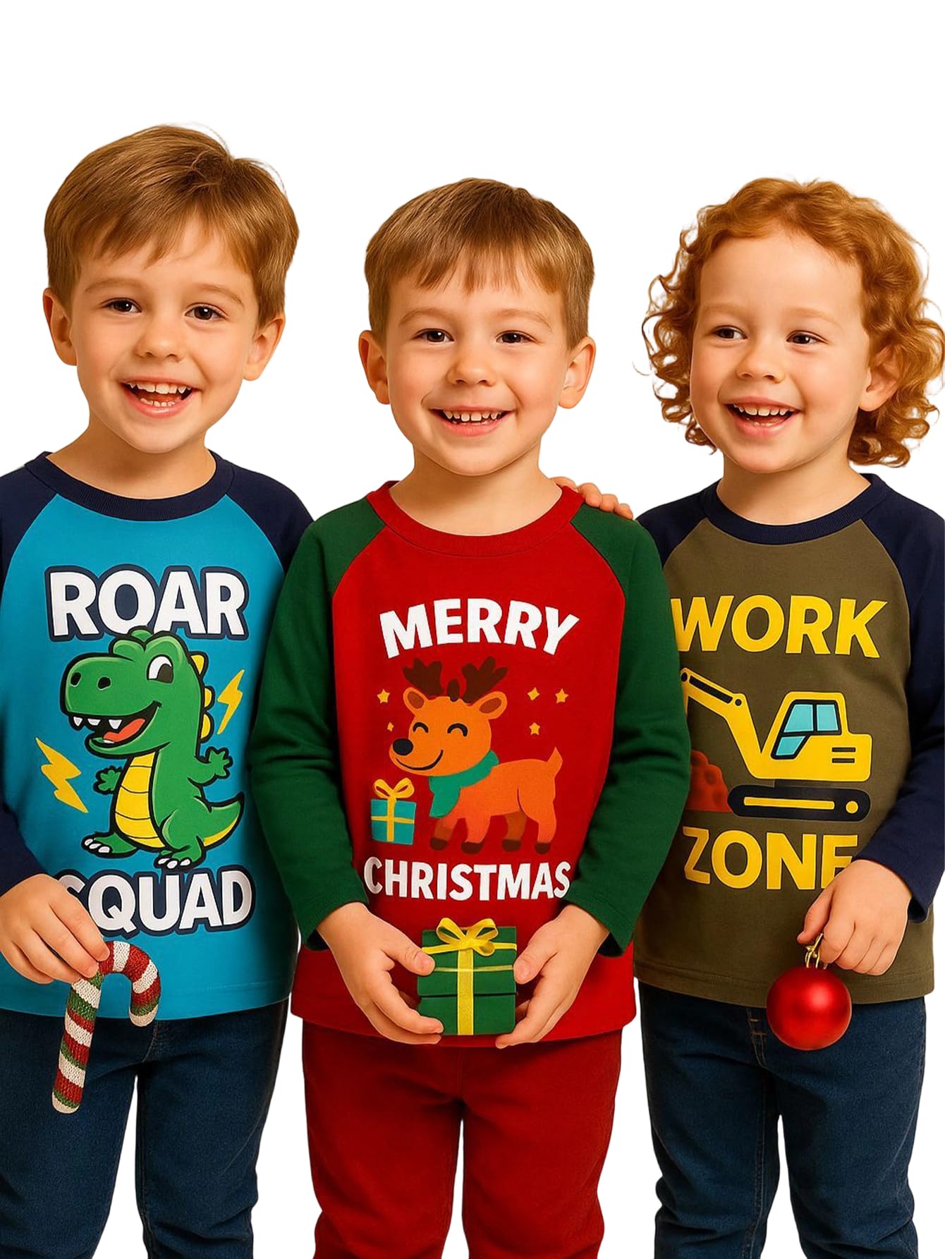 HILEELANG Boys Long Sleeve T-Shirts 3 Pack, Dinosaur Construction Graphic Tee Set, Soft Cotton Crewneck Shirts for Toddler & Little Boys 3T