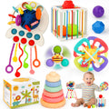 Baby Toys 6-12 Months,5 in 1 Montessori Toys for Babies 6-12 Months,Pull String Infant Teething Toys,Stacking Rings,Color Shape Sensory,Suction Cup Spinner Toys for 6-9-12 to 18 M+ Birthday Gifts