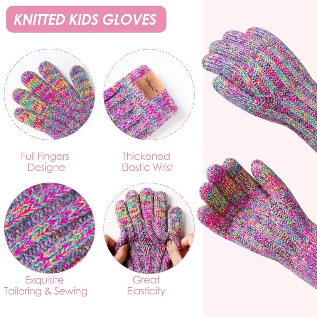 Kids Winter Hat Gloves Scarf Set, Girls Toddler Children Beanie with Pom Knit Neck Warmer Gaiter Mittens Fleece Lined Set（Rainbow Mix）