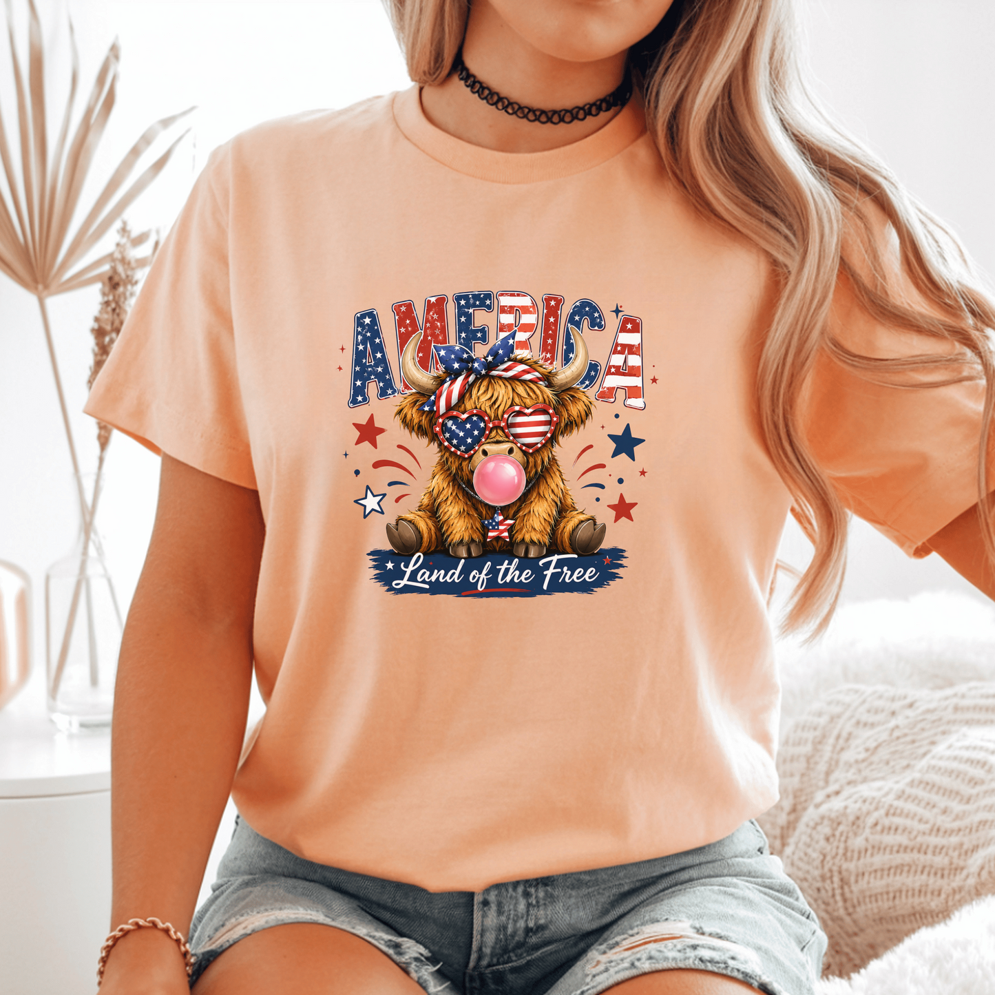 Patriotic Highland Cow Shirt, USA Flag T-Shirt, Land of the Free Tee, 4th of July Gift, Cute Bull Graphic, American Pride Shirt