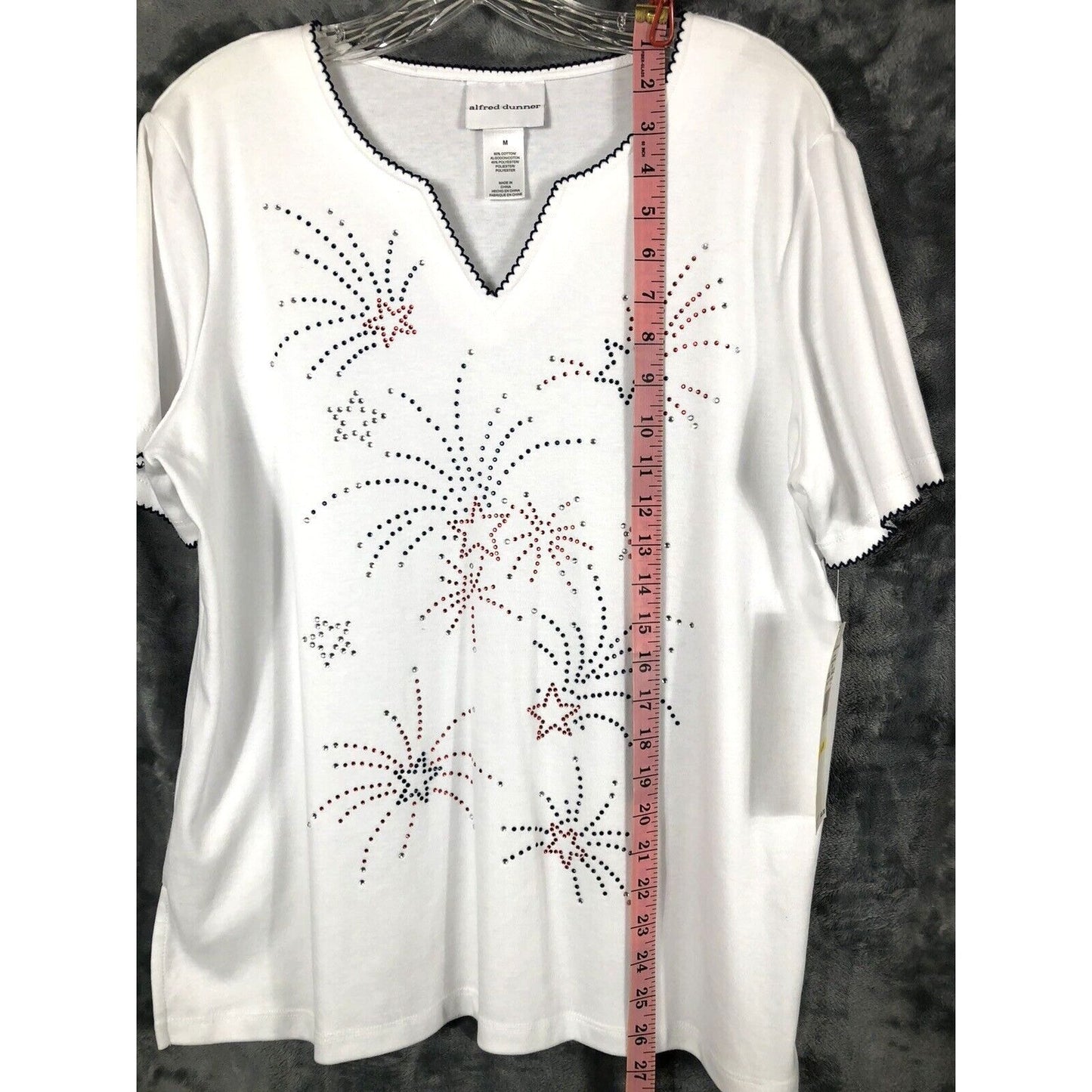 Alfred Dunner Top Woman's Medium Fireworks White Jewel Embellishment Shirt