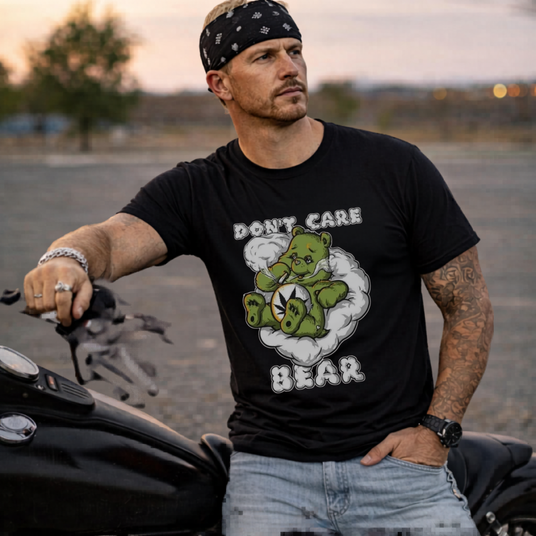 Stoner Humor Tee, Don't Care Bear T-Shirt, Funny USA Graphic Tee, Cool Black Shirt, Biker Gift, Parody Quote Shirt