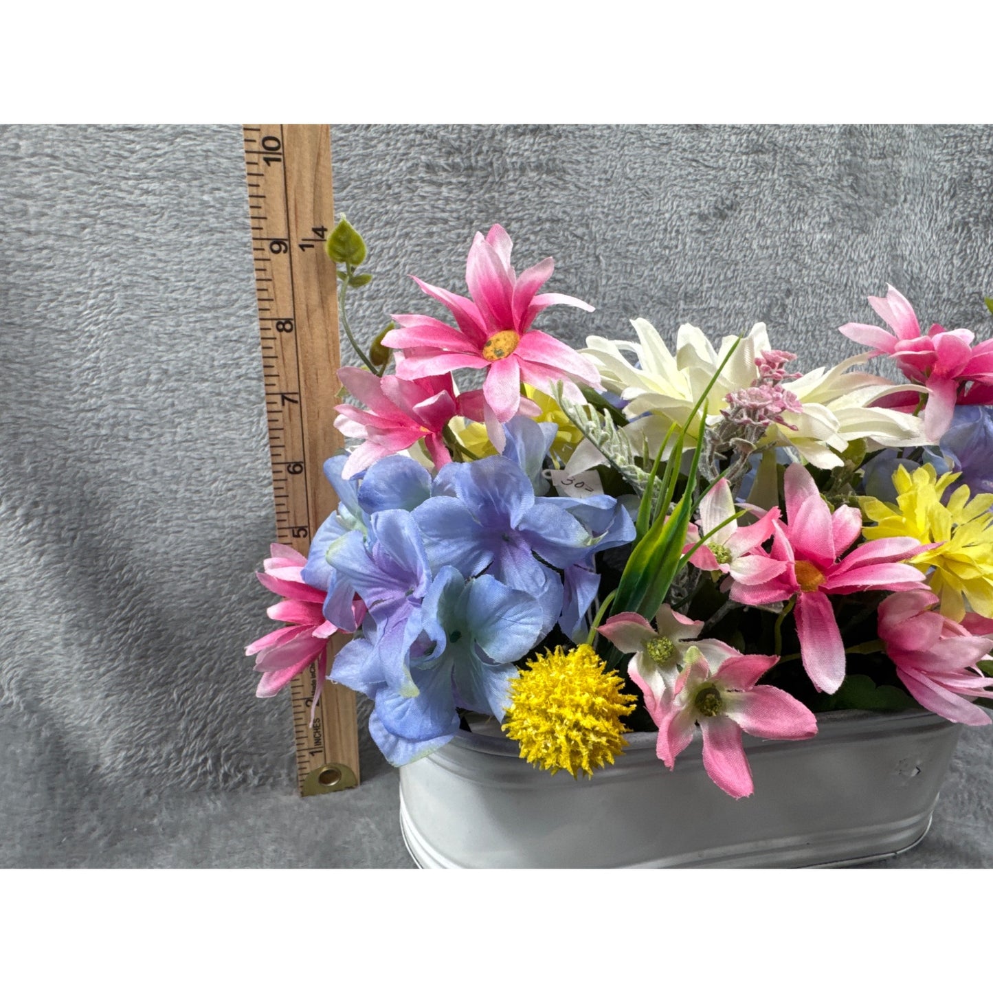Artificial Floral Arrangement In White Metal Planter With Pink Yellow Blue & White Flowers