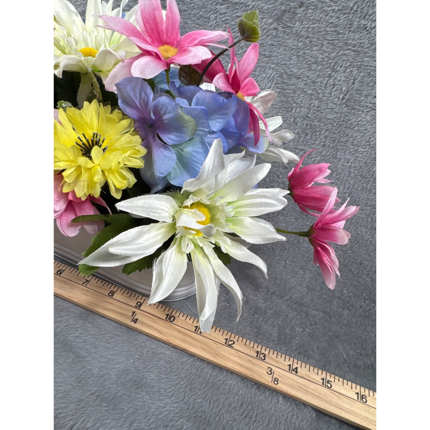 Artificial Floral Arrangement In White Metal Planter With Pink Yellow Blue & White Flowers