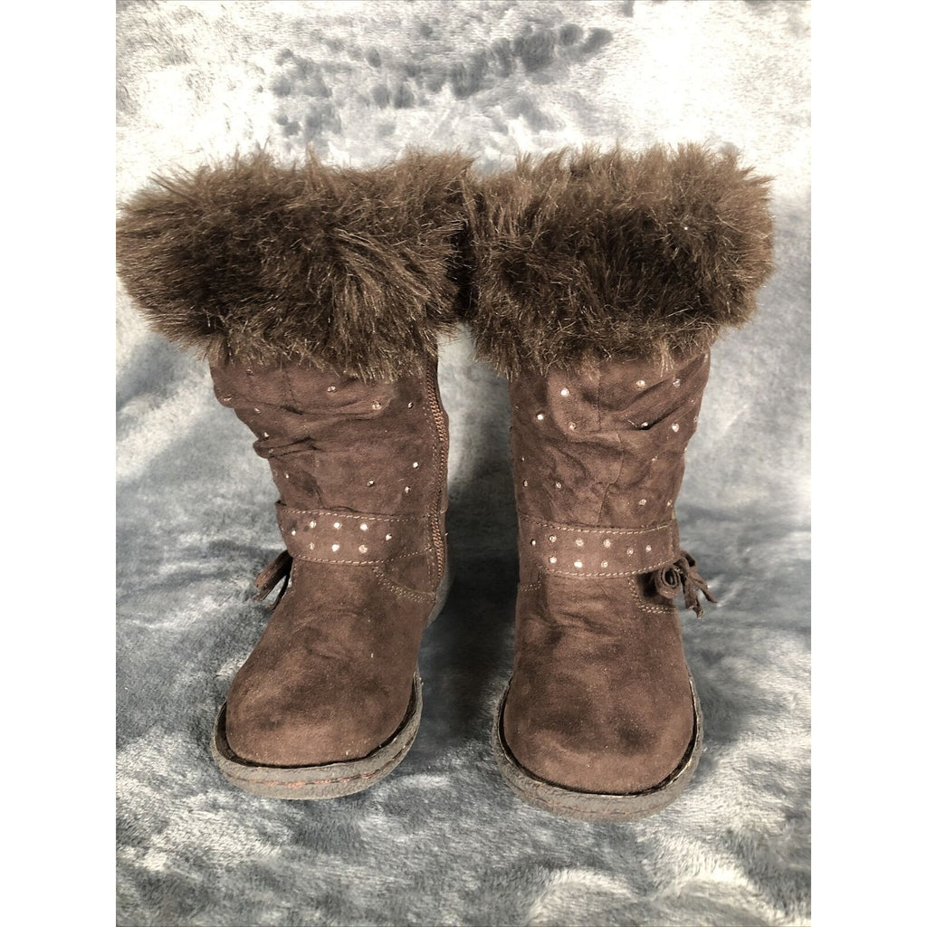 Piper Girls Boots Brown Bling Faux Fur Tops Size 7