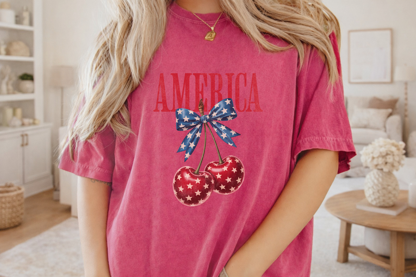 Patriotic Cherry Bow Tee, Vintage American Graphic Shirt, 4th of July Gift, Retro Style, Stars and Stripes Design, Customizable