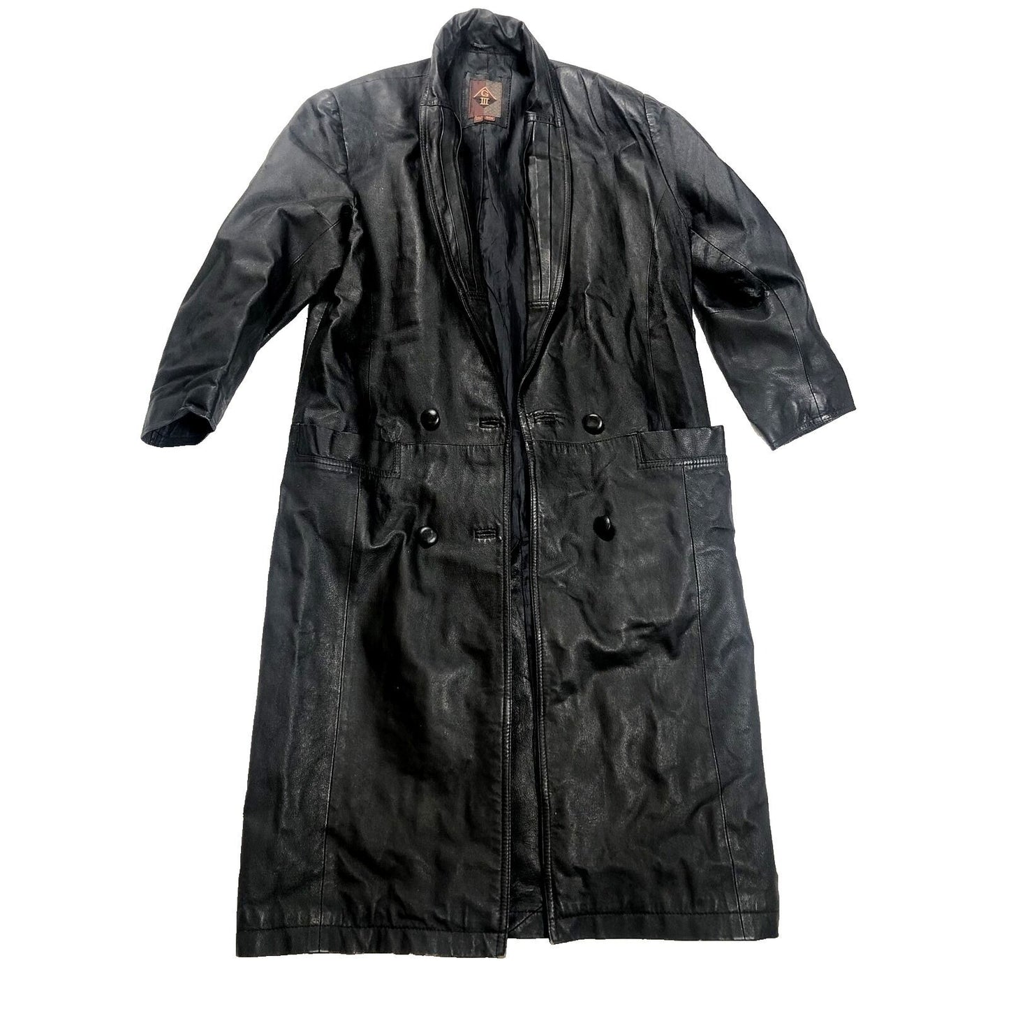 Vintage 80's G-III Black Leather Long Trench Coat Women's Small Long
