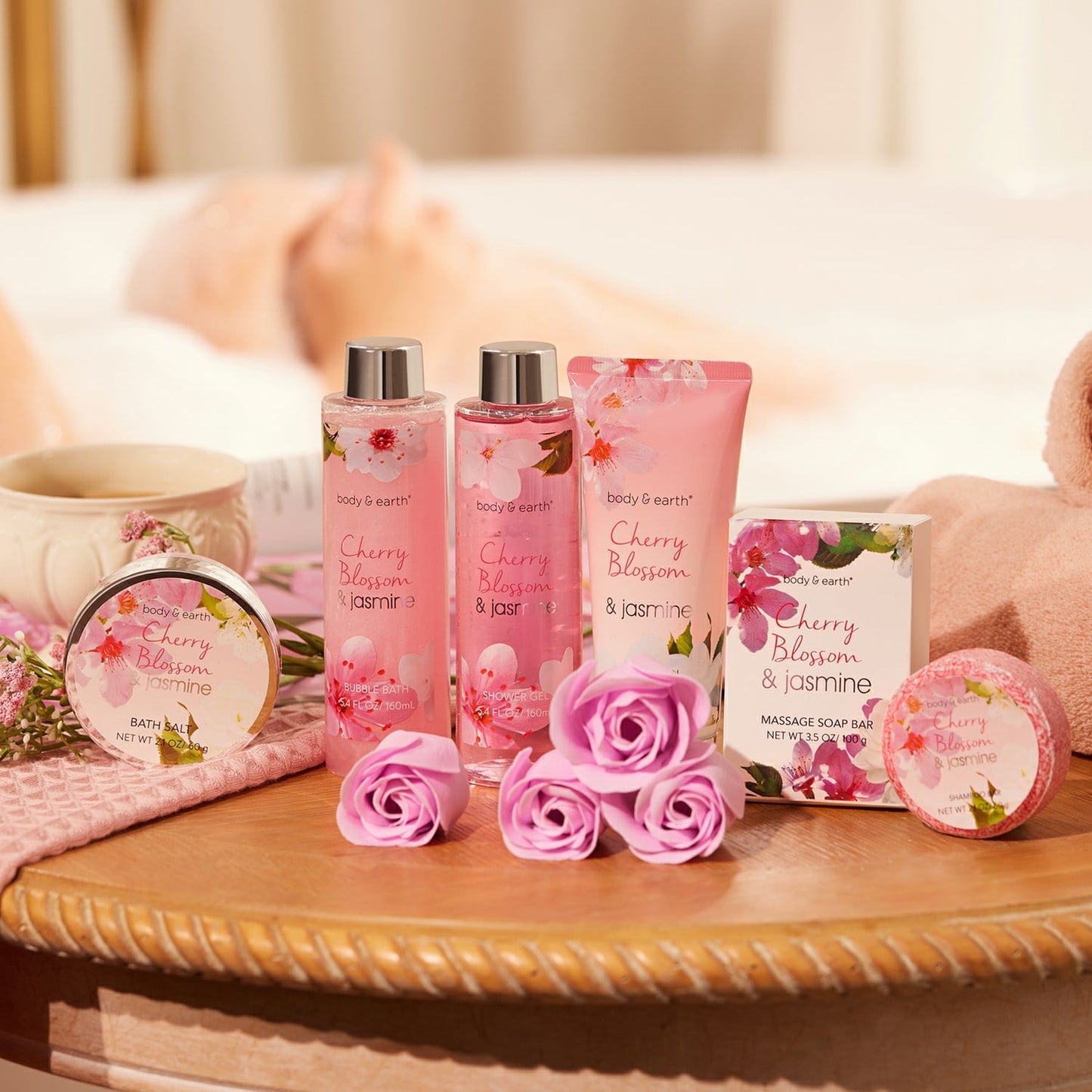 Body & Earth Bath Gift Sets for Women Valentine's Day Gifts, 8 Pcs Cherry Blossom & Jasmine Spa Baskets, Beauty Birthday Gifts for Her