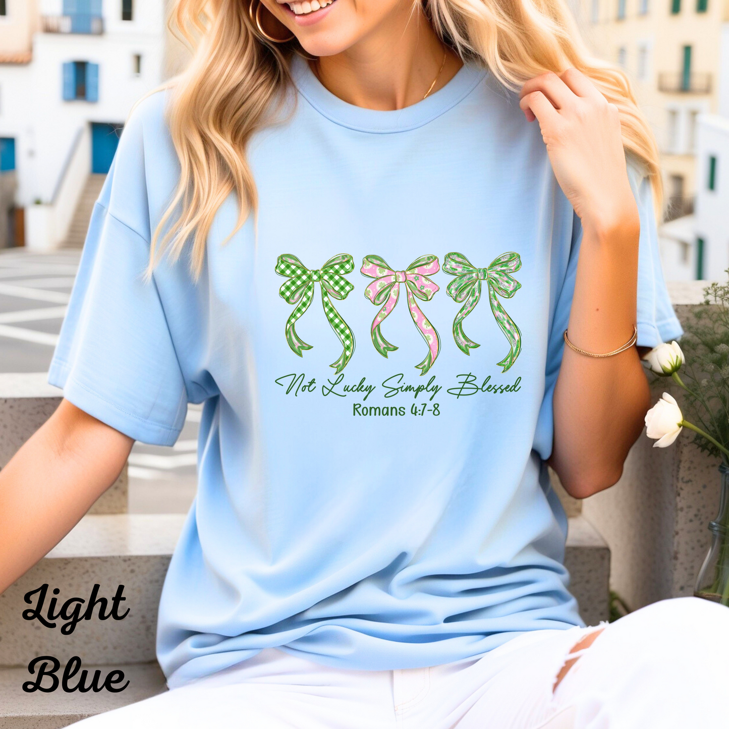 Christian Faith Shirt, Not Lucky Simply Blessed Tee, Religious Gift, Bible Verse Tee, Inspirational Bow Graphic, Romans 4:7-8 T-Shirt