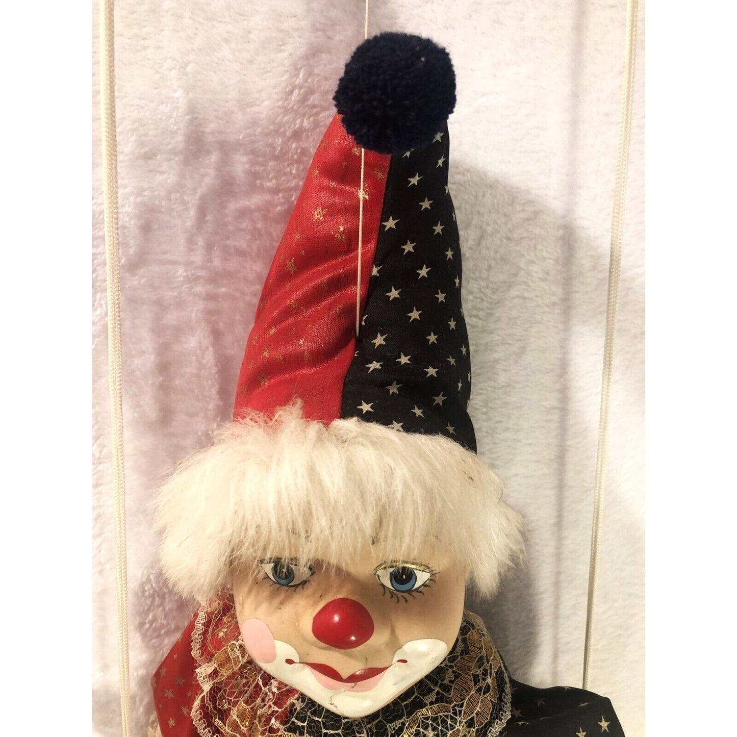 Vintage Circus Clown Kid Doll Porcelain Head String Marionette Puppet on Swing