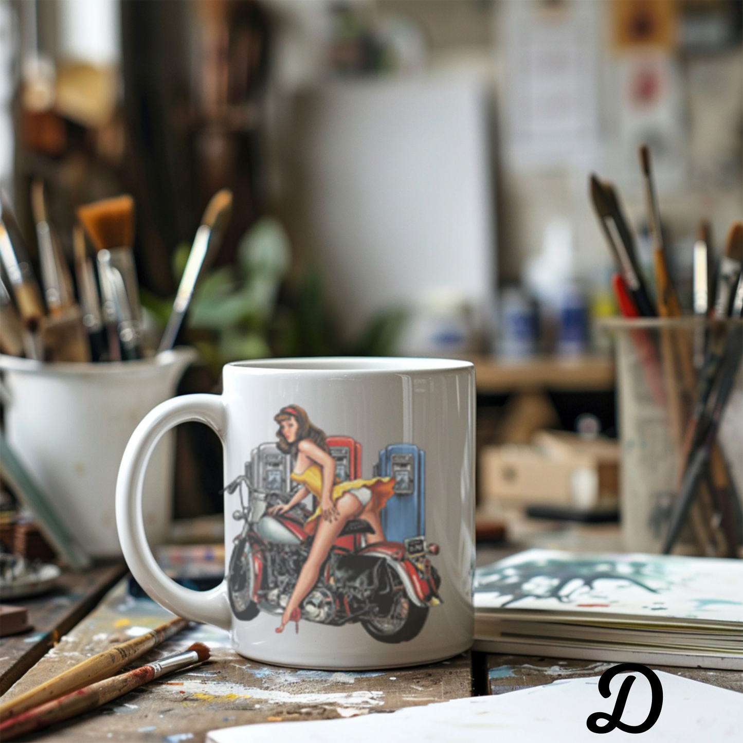 Pin-Up Girl Art Mug, Motorcycle Lover Gift, Retro Style Coffee Mug, Vintage Design Ceramic, 11oz 15oz Personalized Drinkware