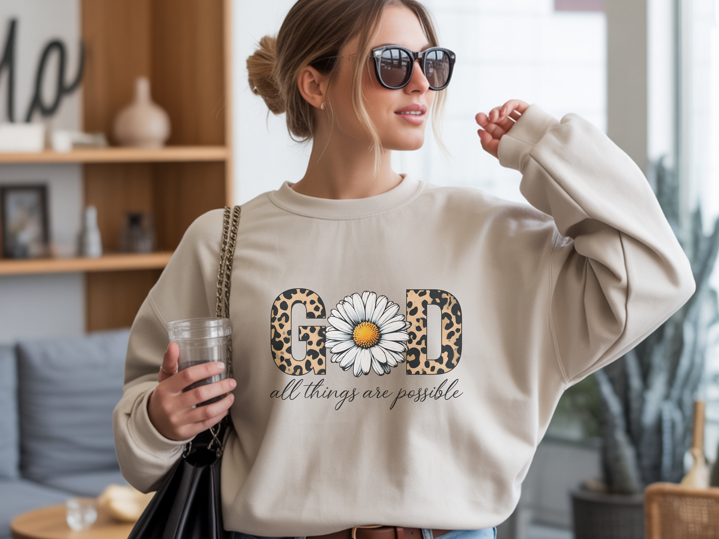 Leopard Print Daisy Sweatshirt, Inspirational Crewneck, Unisex Pullover, Chic Fall Fashion, Custom Apparel Gift, Graphic Print Top