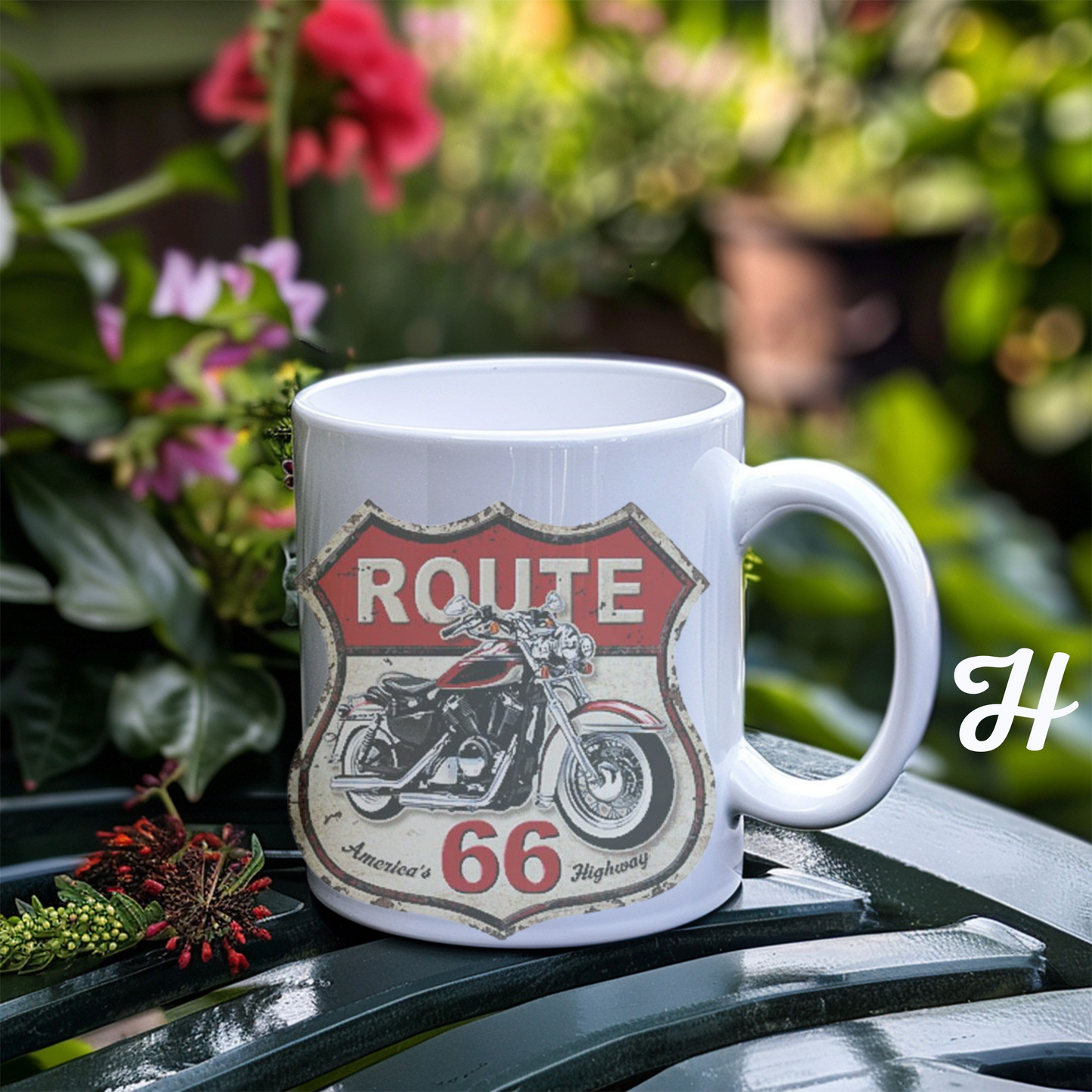 Motorcycle Enthusiast Gift, Route 66 Ceramic Coffee Mug, Americana Road Trip Decor, Personalized Mug for Bikers, Highway Travel Souvenir
