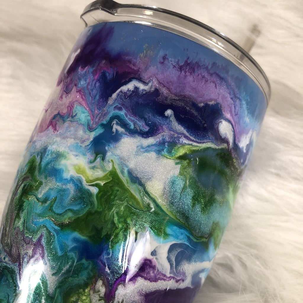 24 Ounce Tumbler Hand-Painted Blues Purples Pearl Green Lid And Straw