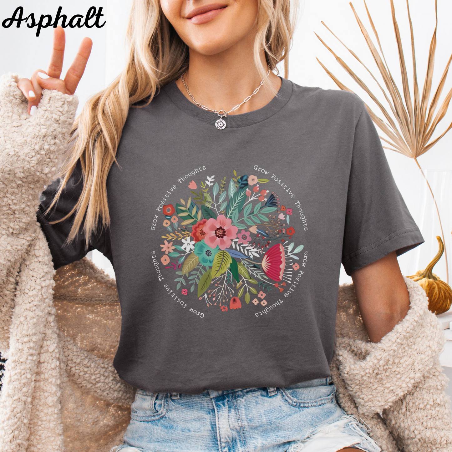 Floral Graphic Tee, Positive Message Shirt, Heather Brown T-Shirt, Unisex Crew Neck Tee, Boho Style Top, Gift for Her, Casual Fall Fashion