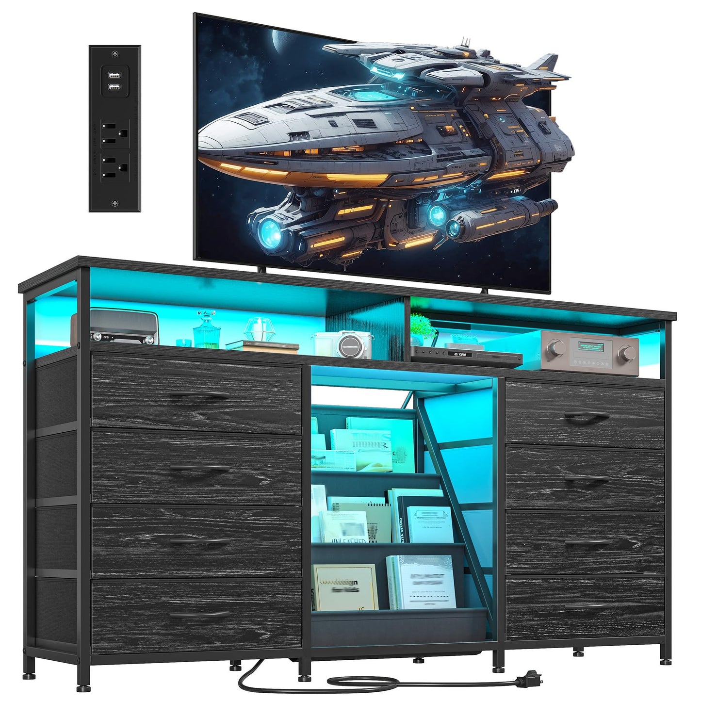 Dresser for Bedroom with Bookrack & 8 Fabric Drawers, 55 ” W Dresser TV Stand with Power Outlet & LED Lights for 65 Inch TV, Chest of Drawers for Closet, Entryway, Black