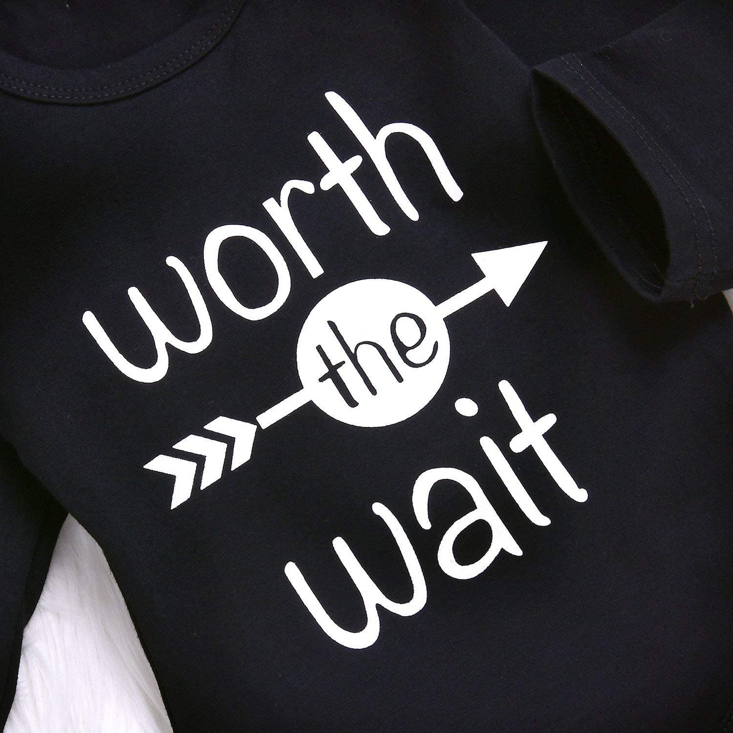 Baby Unisex Worth The Wait Arrow Printed Romper Striped Pant Hat Outfit Clothes (Black, Newborn)