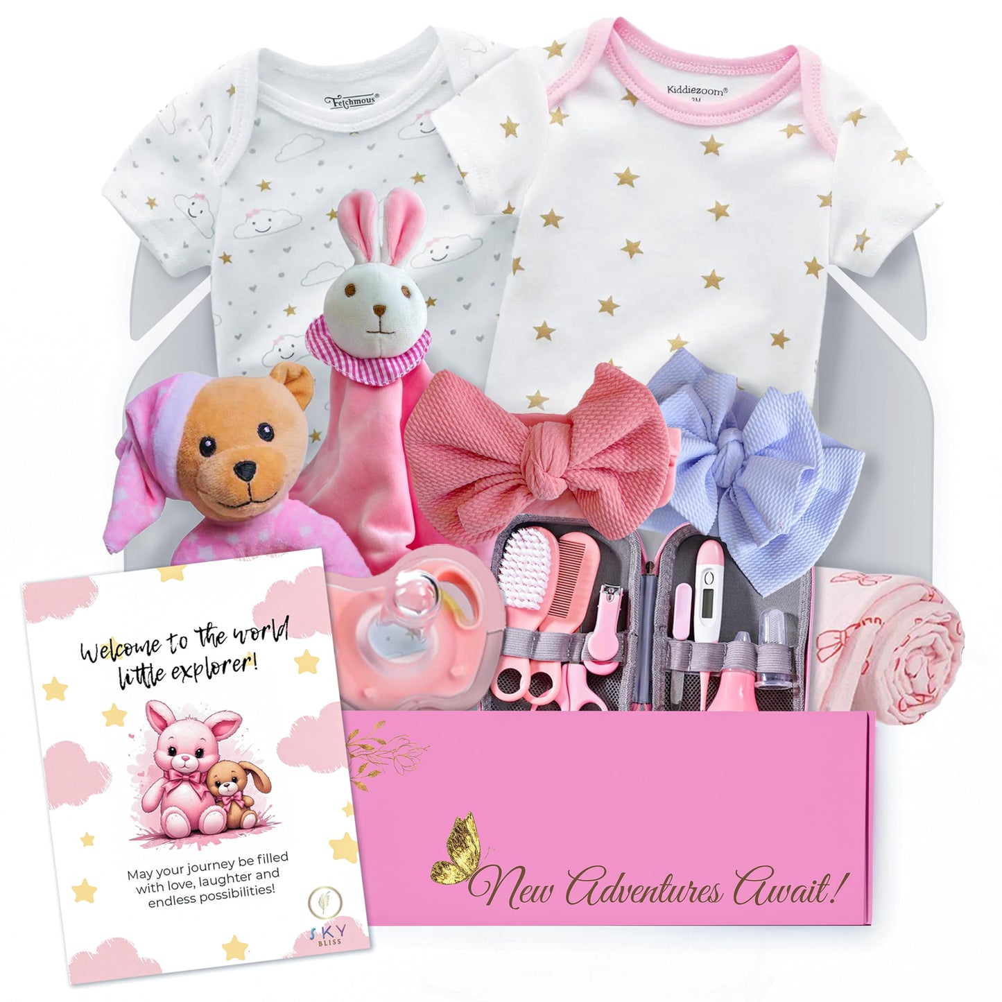 Sky Bliss 18pc Gift Set, Baby Grooming kit, Baby Clothes, Baby Rattle, Baby Blanket, Swaddle, Pacifier, Gifts for New Baby Girl, Newborn Essentials, Baby Gift Set (Grooming Kit), Gift for New mom.