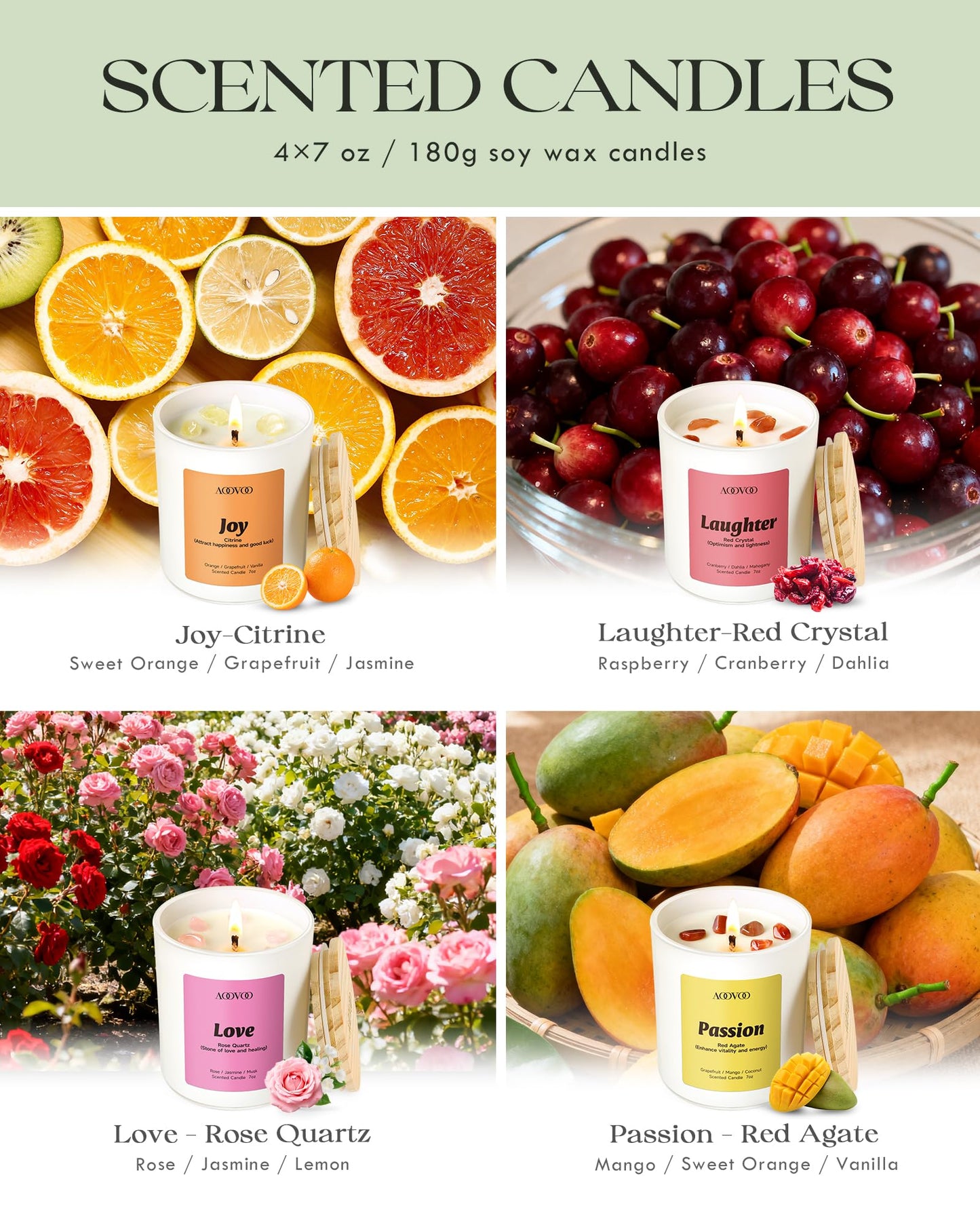 AOOVOO Energy Candles Set for Women - 4 Pack Candles for Home Scented, 28 oz 200 Hour Burn, Aromatherapy Candle with Crystals, Laughter Red Quartz/Love Rose Quartz/Joy Citrine/Passion Red Agate
