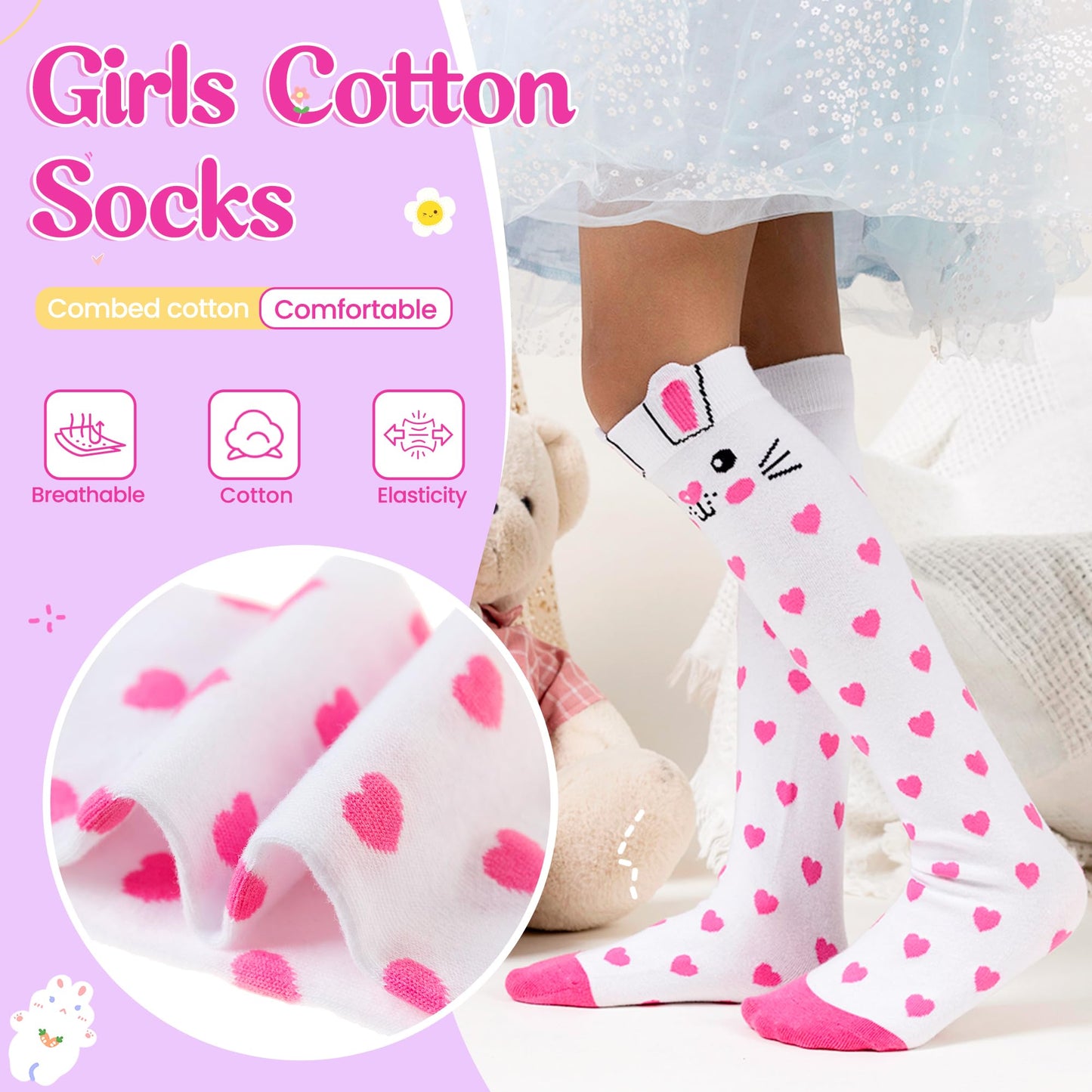Eocom Girls Knee High Socks Kids Crazy Fun Gift Silly Tall Boot Cute Animal Cotton Long Socks 6 Pairs(Pink Purple Animal, 3-12 Years)