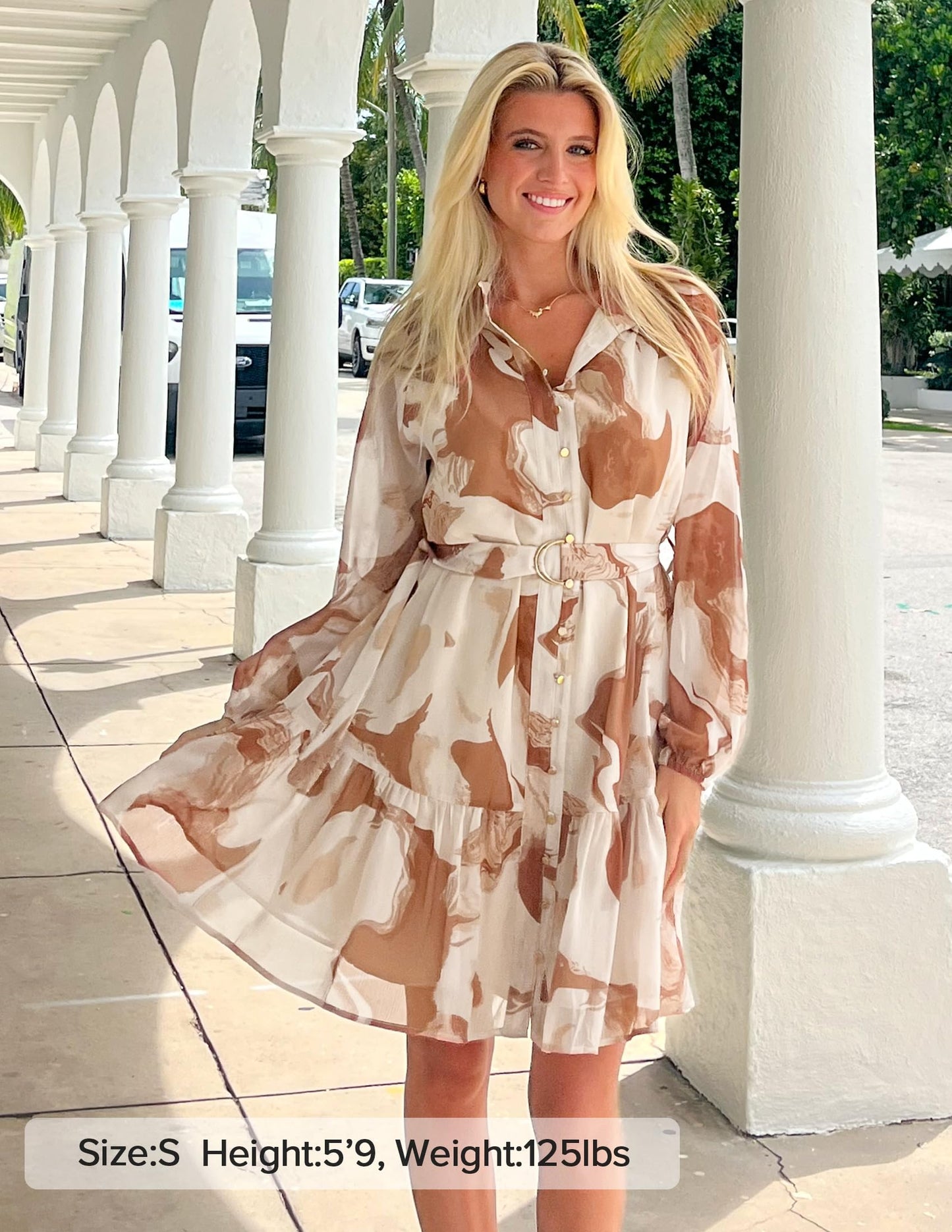 ZESICA Womens Floral Long Sleeve Mini Dress Spring Button Chiffon A Line Swing Short Wedding Guest Holiday Party Dresses Brown Large