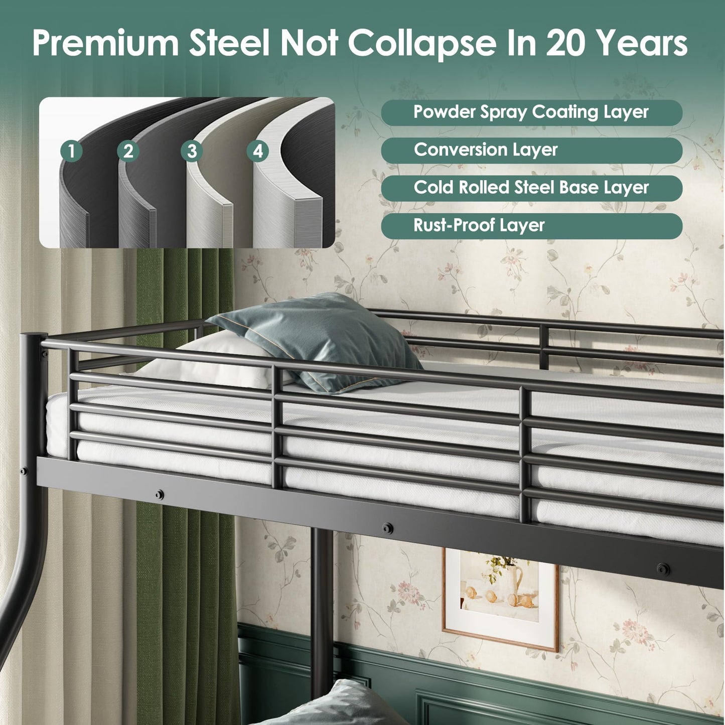 Cyranture Twin XL Over Queen Bunk Bed Size, Heavy Duty Bunk Beds with Bottom Space & Guardrail Metal Bunk Bed Frame for Adults Dorm Bedroom Guest Room, No Box Spring Needed（Black）