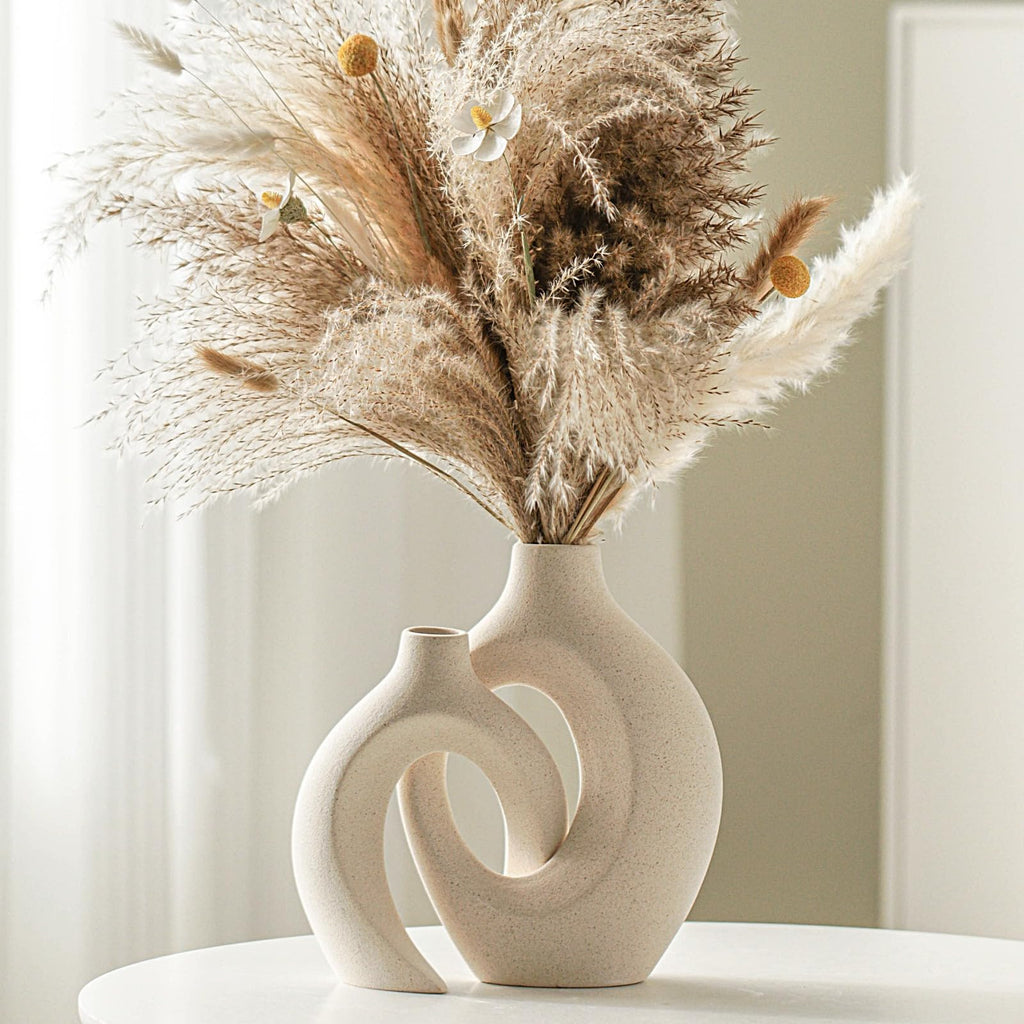 Lvases Snuggle Hollow Ceramic Vase Set of 2, Nordic Modern Boho ins Style Decorative Ceramic Aesthetic Flower Vase for Home Decor (Milky White W 6.3