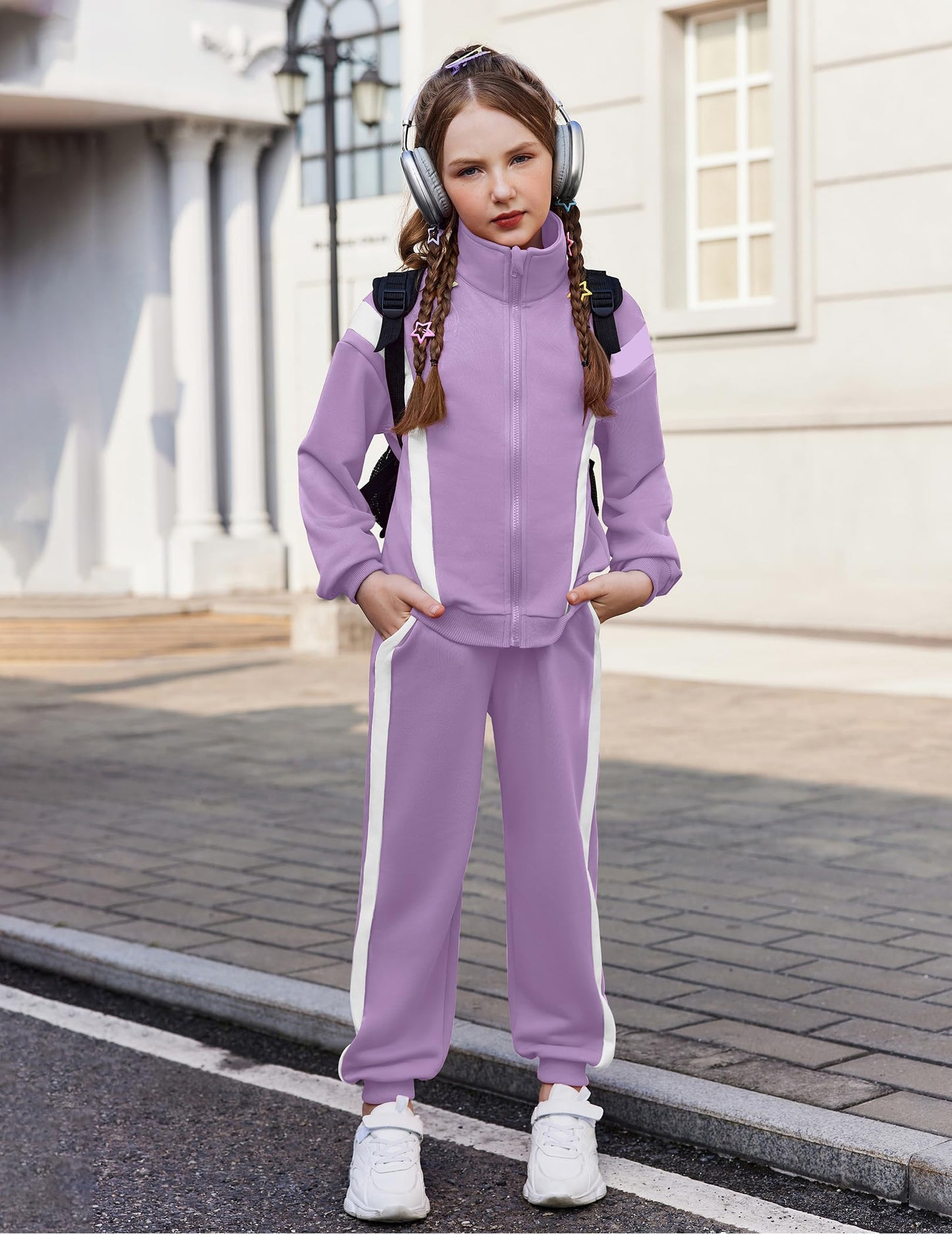Zaclotre Girl's 2 Piece Outfits Zip Up Sweat Set Contrast Striped Jogging Pants TrackSuit Fall Clothes Purple 8-9 Years