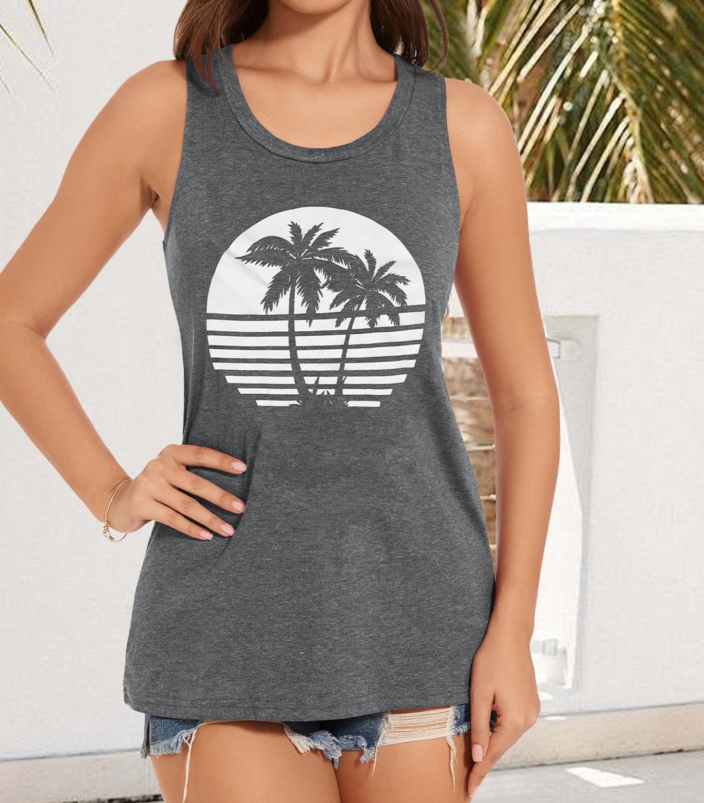 JILUVIN Tank Tops for Women Racerback Summer Sleeveless Casual Graphic Basic Top Shirts, Black Coconut Trees, L