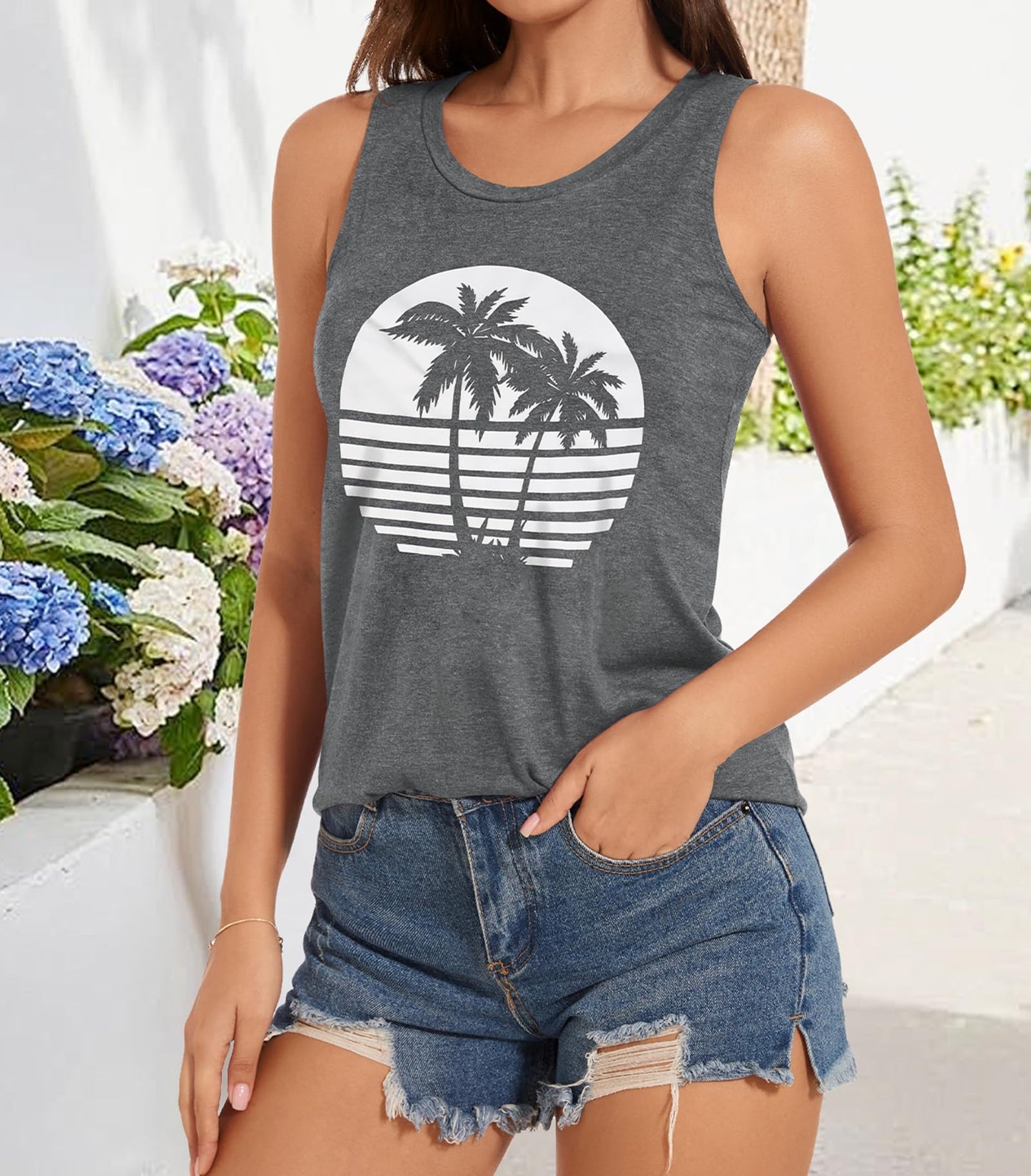 JILUVIN Tank Tops for Women Racerback Summer Sleeveless Casual Graphic Basic Top Shirts, Black Coconut Trees, L