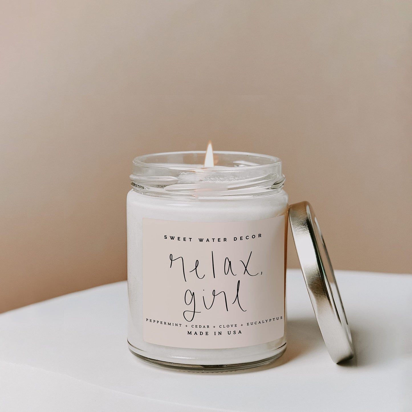 Sweet Water Decor Relax Girl, Peppermint, Cedar, Clove, and Eucalyptus Scented Soy Wax Candle for Home | 9oz Clear Jar, 40 Hour Burn Time, Non Toxic, Made in The USA