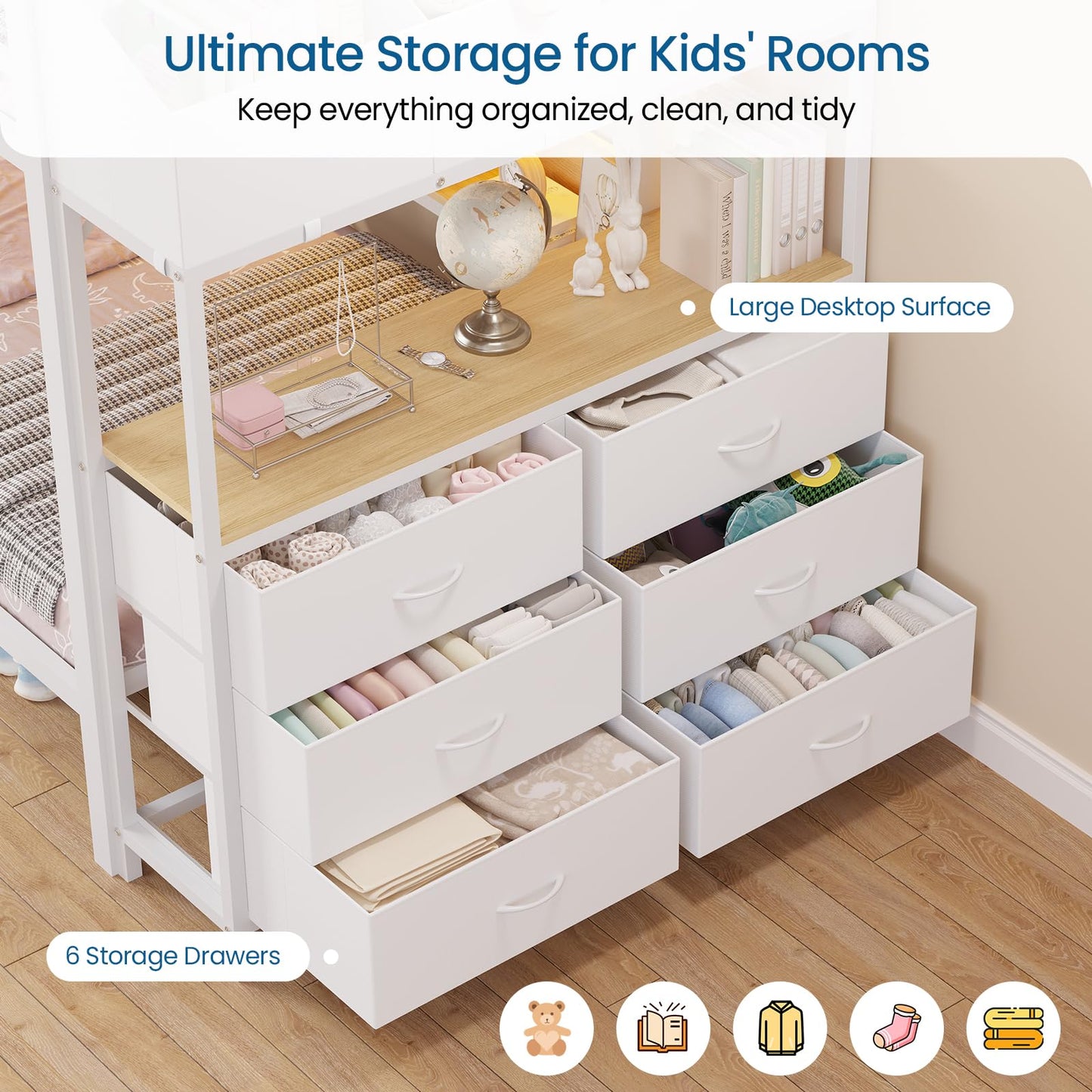 Twin Over Twin Bunk Bed with 6 Storage Drawers & 3 Boxes, Dual Side Shelves, Twin Bunk Beds for Kids with LED Lights and Charging Station, Heavy Duty Metal Bunk Bed with Safety Guardrail and Ladder