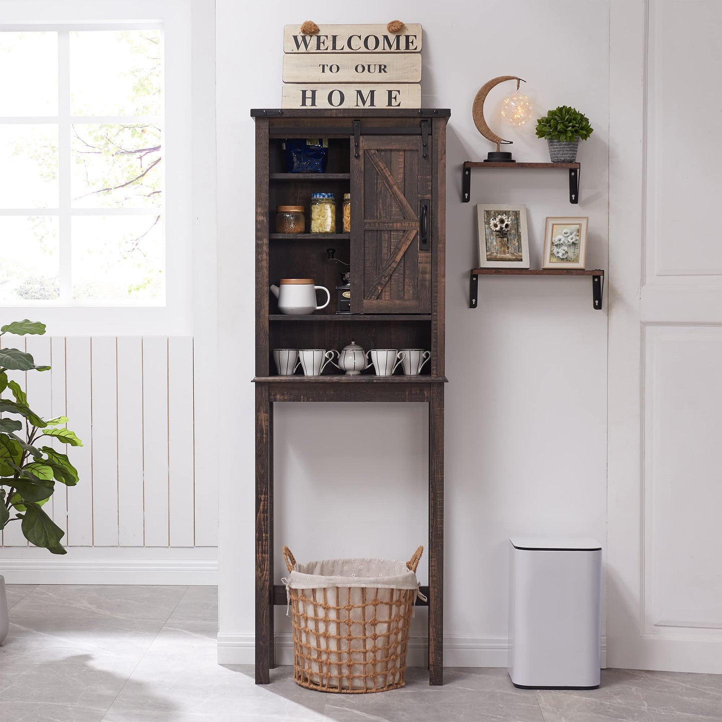OKD Over The Toilet Storage Cabinet, Farmhouse Storage Cabinet Over Toilet with Sliding Barn Door & Adjustable Shelves, Home Space Saver for Bathroom, Living Room, Dark Rustic Oak