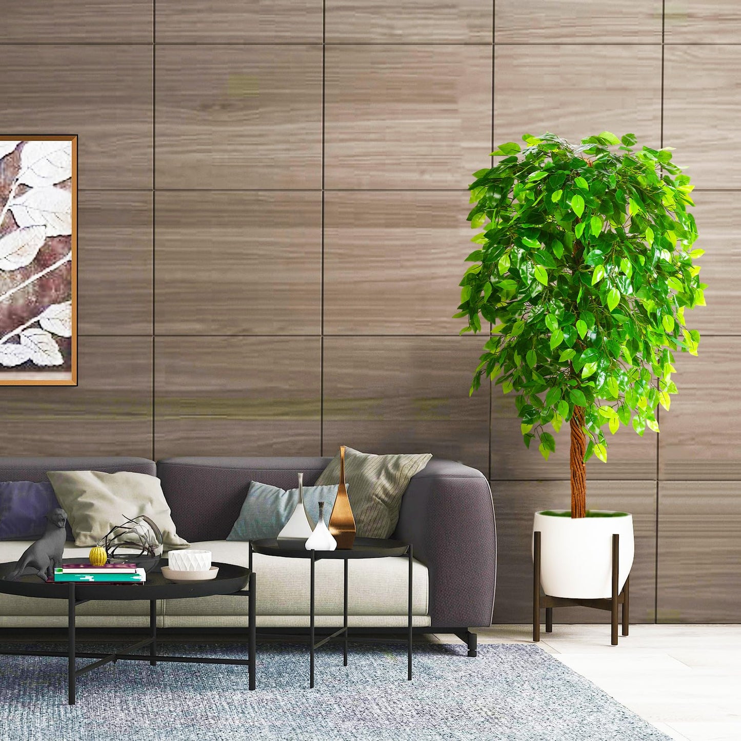 OXLLXO 5ft Artificial Ficus Silk Tree (60in) with Plastic Nursery Pot Faux Tree, Fake Plant for Office House Farmhouse Living Room Home Decor (Indoor/Outdoor)