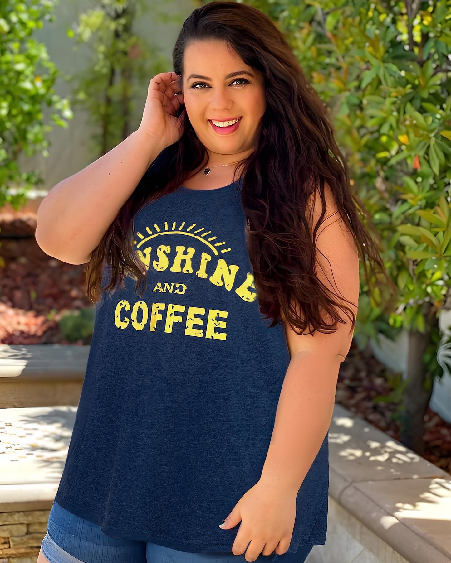 rosemia Tank Tops for Women Summer Sunshine and Coffee Graphic T-Shirts Sleeveless Casual Ladies Loose Tunic Blouse(Sunshine Deep Blue, L)