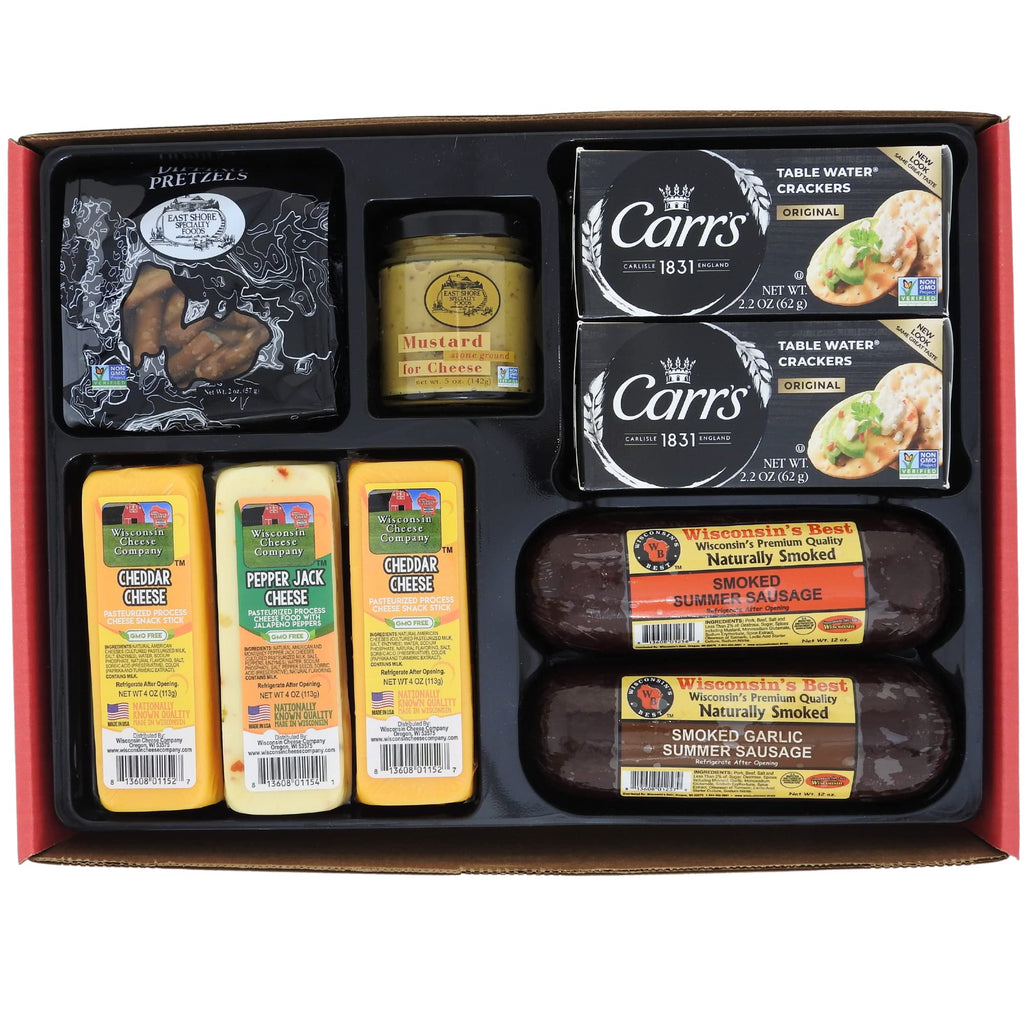 WISCONSIN'S BEST & WISCONSIN CHEESE COMPANY - Deluxe Gift Basket- Sausage, 100% Wisconsin Cheddar Cheese, Pepper Jack Cheese, Crackers, Pretzels & Mustard. Gift Box for Birthday Gifts, Thank You Gifts and Charcuterie Boards. Large Gourmet Gift Box Assortm