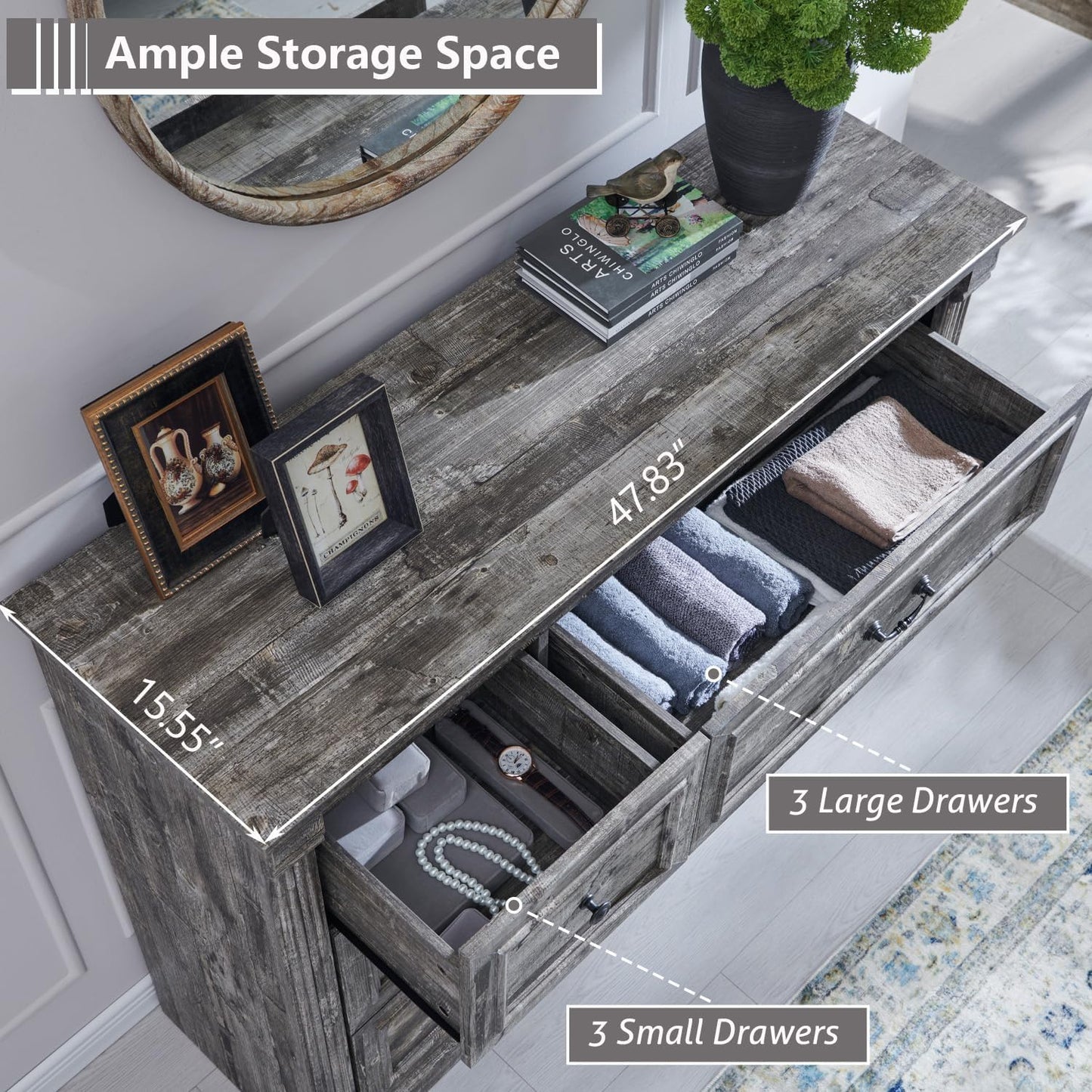 Aitjunz Farmhouse 6 Drawers Dresser for Bedroom, 48" Wide Large Dressers & Chests of Drawers w/Roman Column, Storage Dressers Organizer for Bedroom, Hallway, Living Room, Light Grey