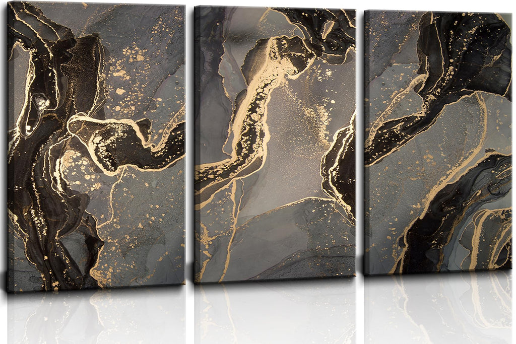 3Pcs Framed Abstract Black and Gold Canvas Wall Art Modern Marble Texture Pictures Posters Prints Artwork Abstract Gold Wall Decor for Living Room Bedroom Office bathroom Ready to Hang16x24inx3