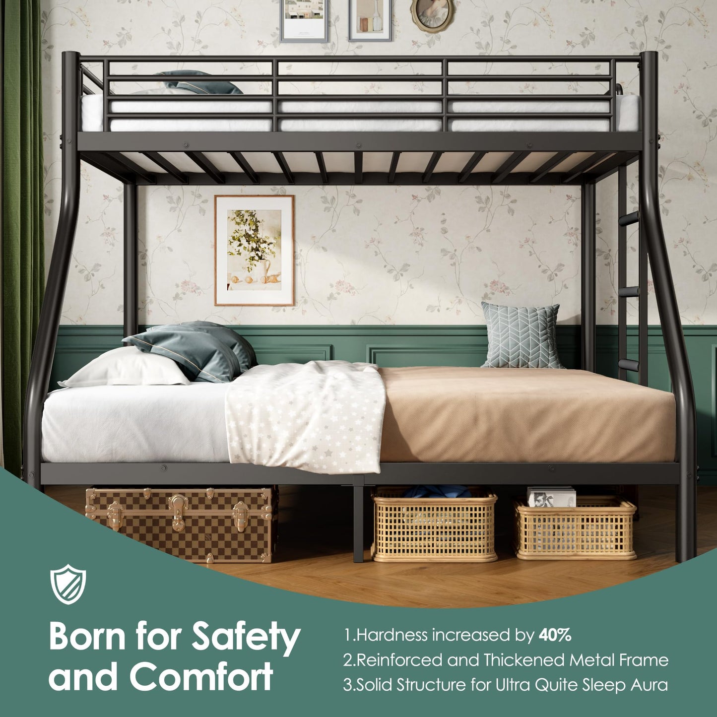 Cyranture Twin XL Over Queen Bunk Bed Size, Heavy Duty Bunk Beds with Bottom Space & Guardrail Metal Bunk Bed Frame for Adults Dorm Bedroom Guest Room, No Box Spring Needed（Black）