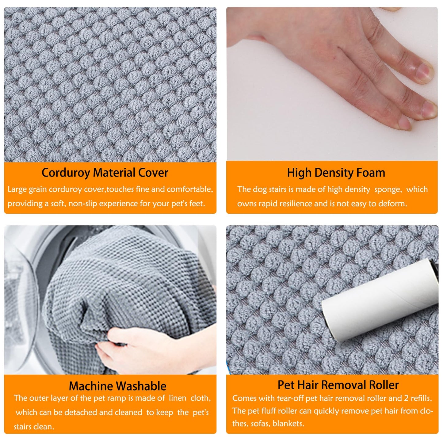 5 Steps Dog Ramp/Stairs for Beds and Couches,MOOACE Pet Stairs with High Density Expand Immediately Foam, Washable Cover and Pet Hair Remover Roller - Reduce Stress on Pet Joints Gray/Black