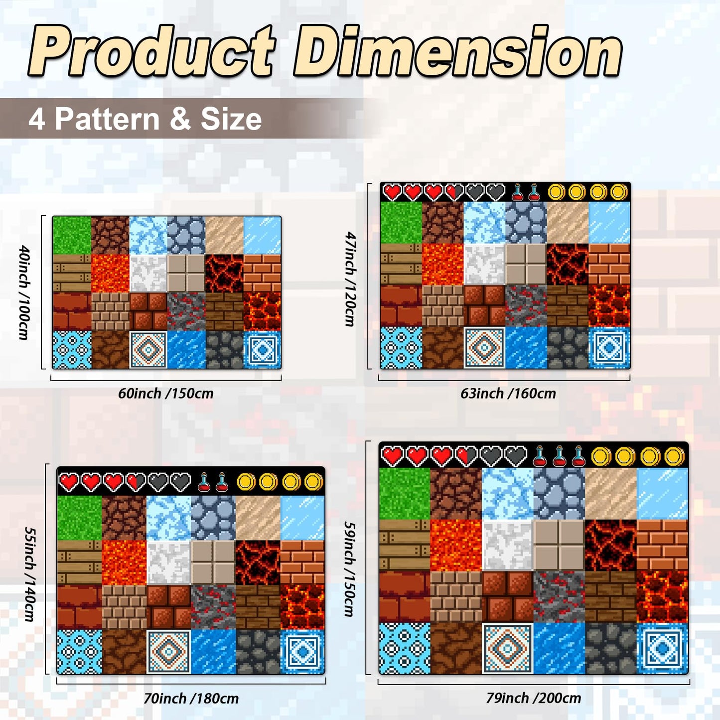 Game Rug Teen Boys Carpet with Pixel Game Element Decoration, 8 Bit Old Game Rugs for Boy’s Bedroom Living Room Playroom, Non-Slip Children Gaming Area Rugs (79" x 59")