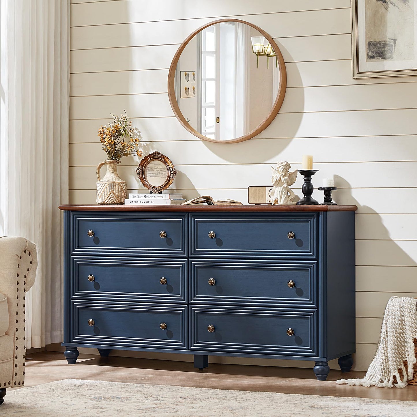 Farmhouse Dressers & Night Stand Set of 4, Wood 54" Wide Dresser & 43.5"Tall Chest of Drawers, 18" with Charging Station Nightstand Set of 2, Bedroom Furniture Dresser Set for Home Living Room Hallway