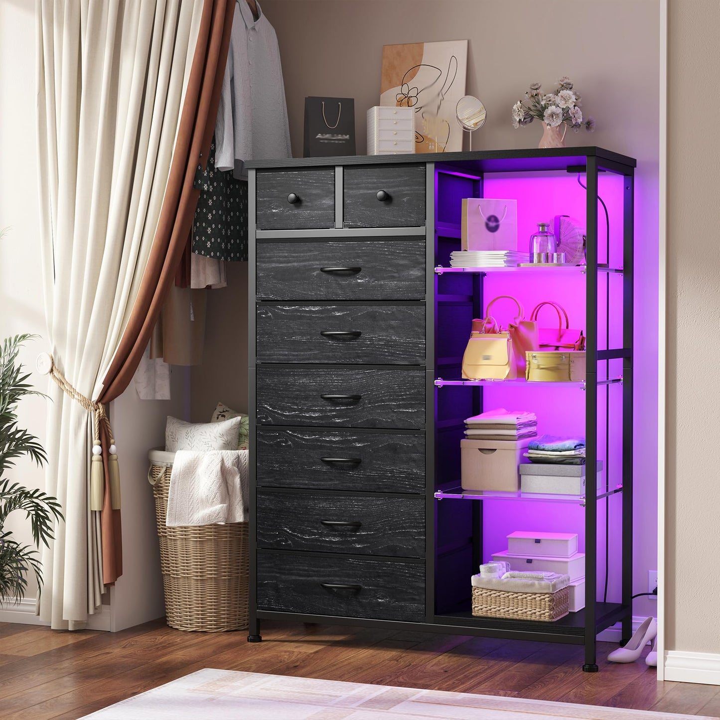 EnHomee 54" H Dresser for Bedroom with LED Lights & Power Outlets Dresser with 8 Drawers Fabric Dressers & Chests of Drawers for Bedroom, Sturdy Metal Frame, Acrylic Plates (Charcoal Black)