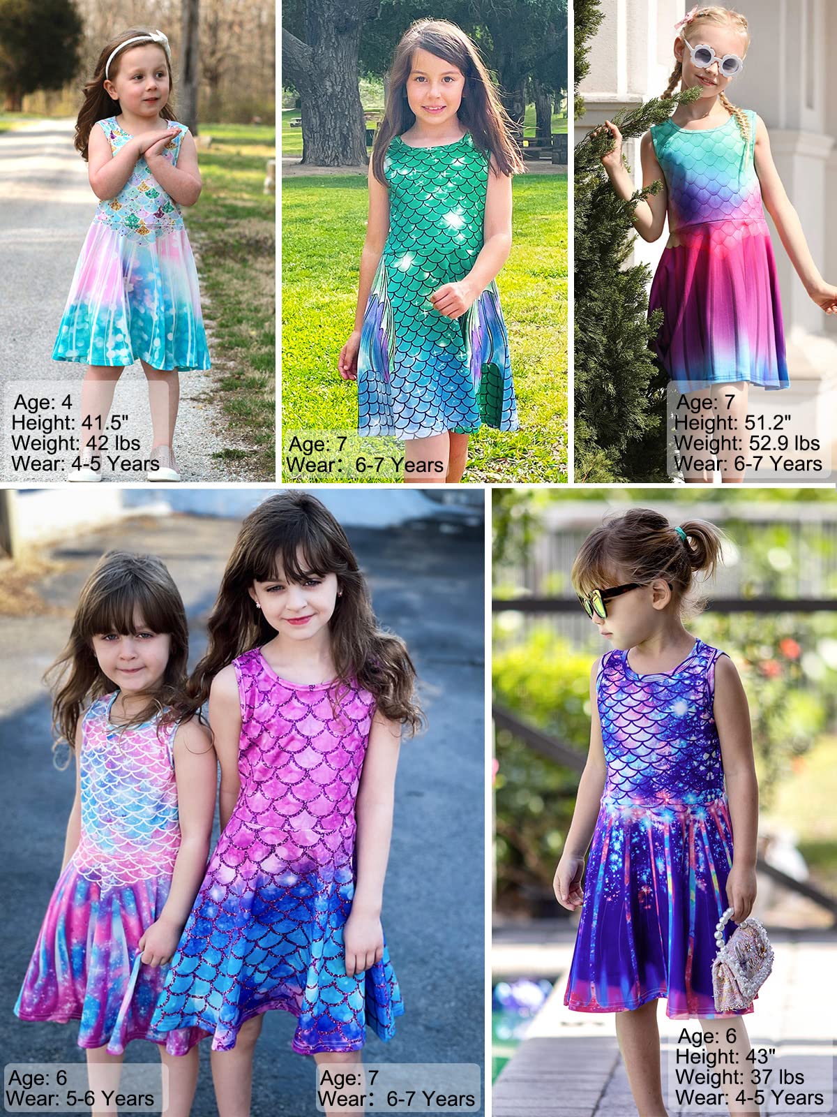 Funnycokid Mermaid Dress Girls Kids Sleeveless Summer Sundress Size 6-7 Birthday Party Outfit Twirly Clothes 6 7 Years Beach