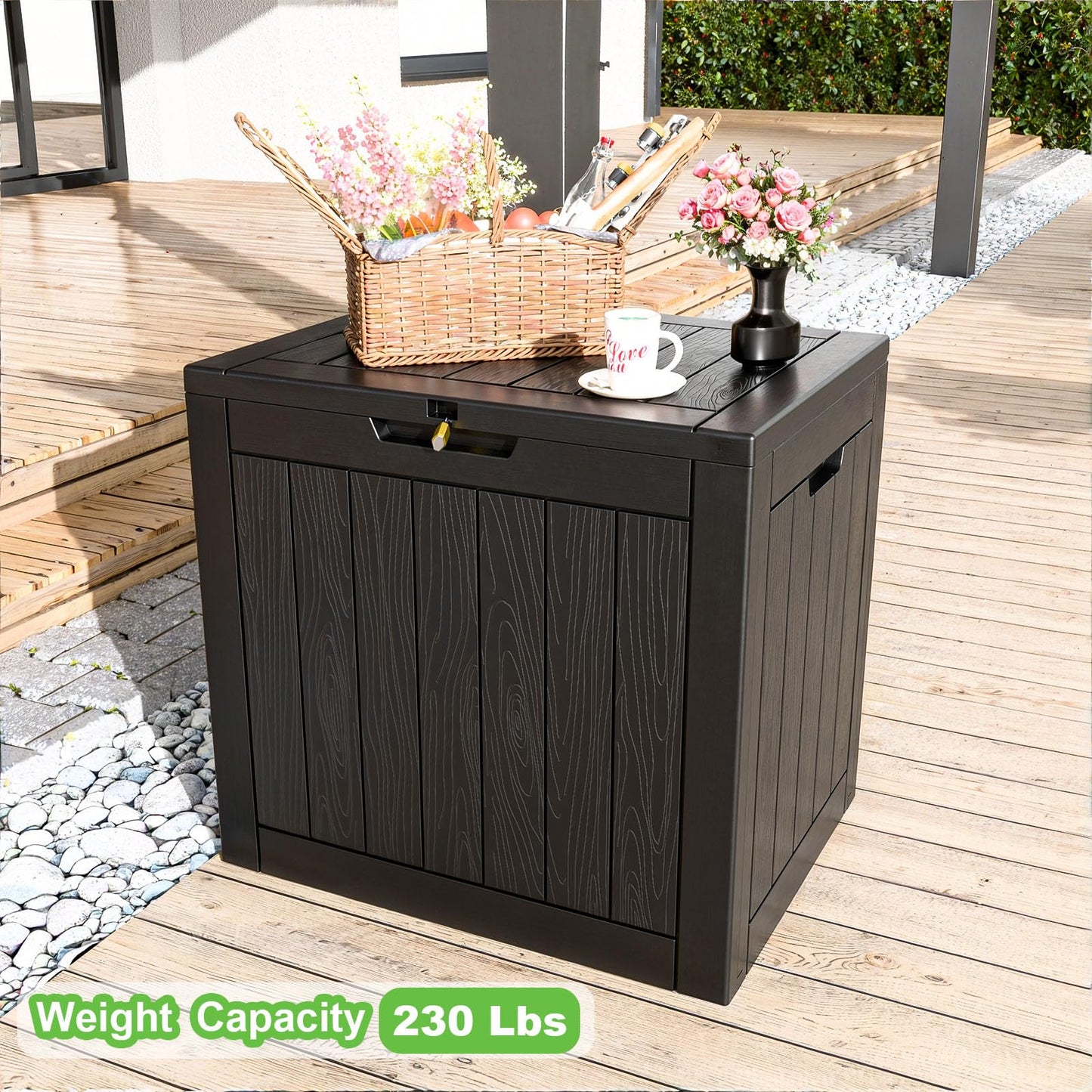 MAIUSCOLI 30 Gallon Outdoor Deck Box,Storage Lockable Waterproof Patio Furniture,Garden Tools,Cushions,Pool Accessories Outside Storage Resin Box(Black)