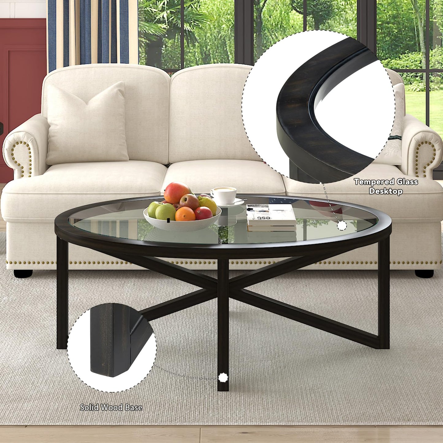 LKTART 3 Pcs Coffee Table Set Oval 46'' Tempered Glass Top Solid Wood Legs Coffee Table Round 2 End Table for Living Room Office (Black)