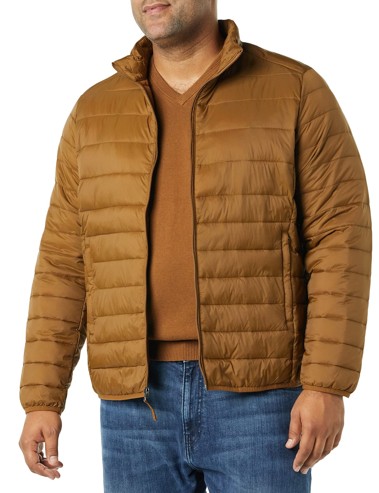 Amazon Essentials Men's Packable Lightweight Water-Resistant Puffer Jacket (Available in Big & Tall), Light Brown, Large