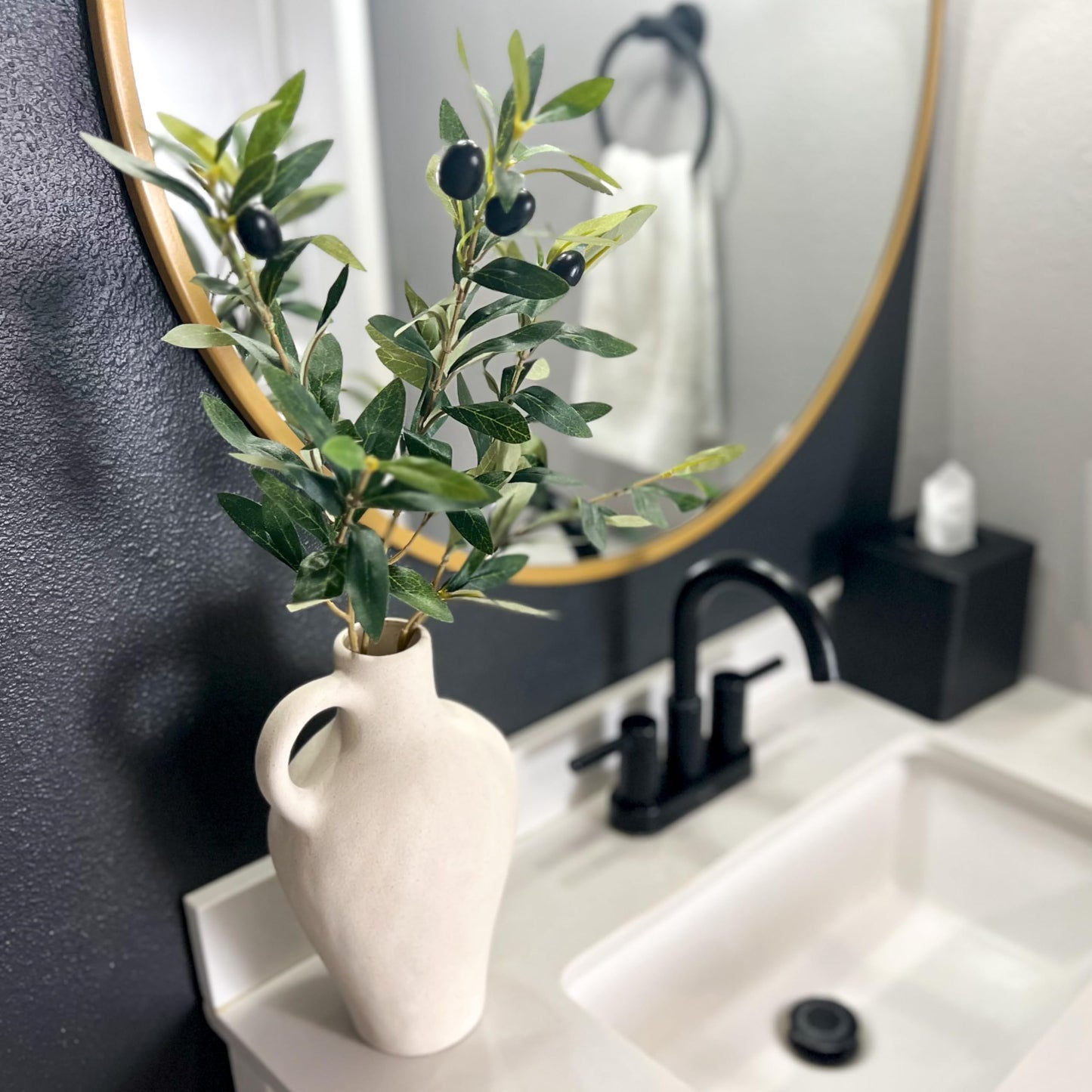 Laurel and Vine Matte Textured 10 Inch Tall White Vase Including 22 Inch Olive Branches for Vases, Medium Artificial Topiaries Fake Plants, Minimalist Shelf Decor, Neutral Home Office Desk Room Decor